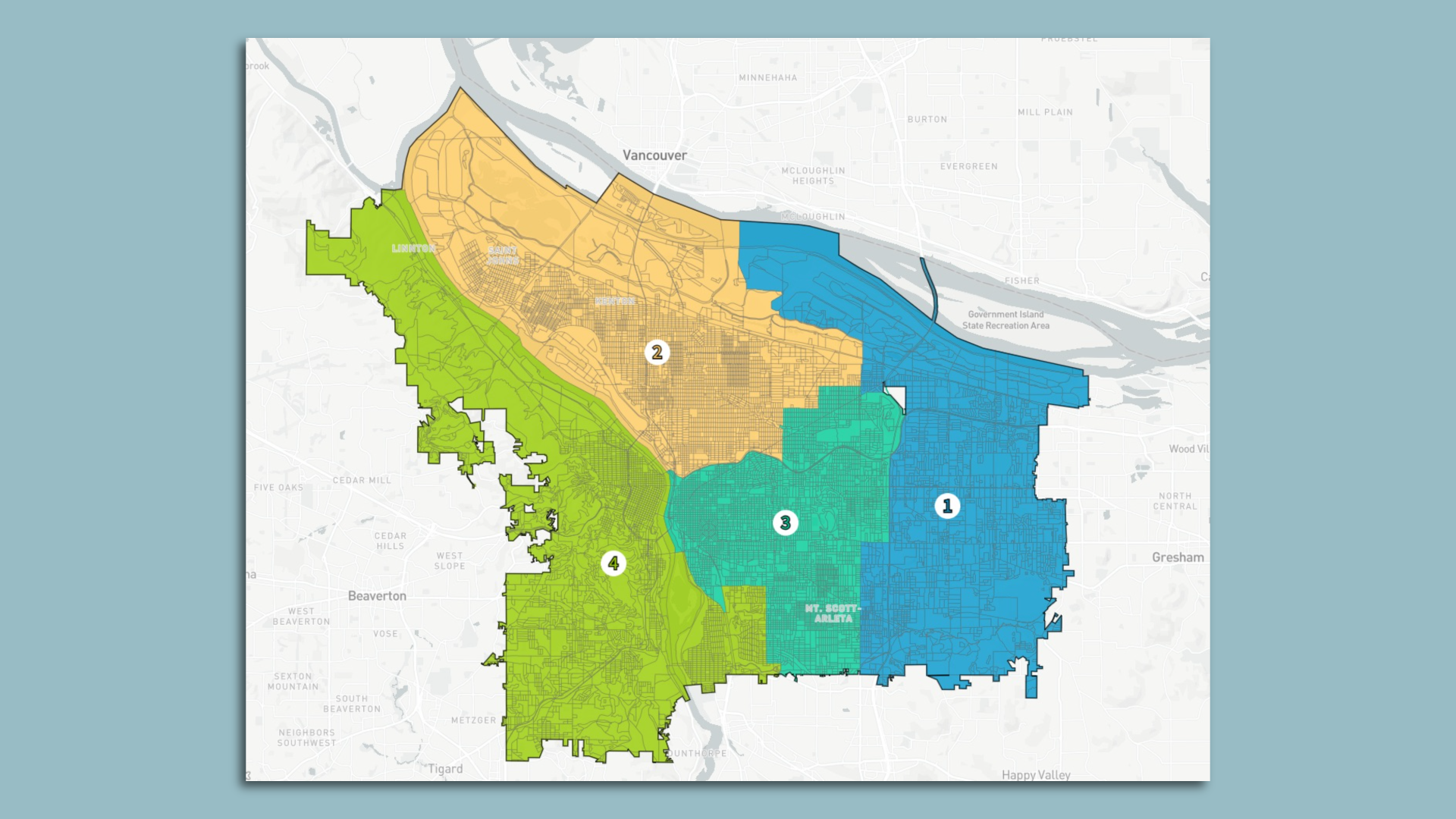 A map of Portland, Oregon, divided in to four sections. The left section, long and thin, is light green. The top section is peach colored, sitting above a smaller teal section. To the right is a blue section, covering the entire eastern edge of the city. 