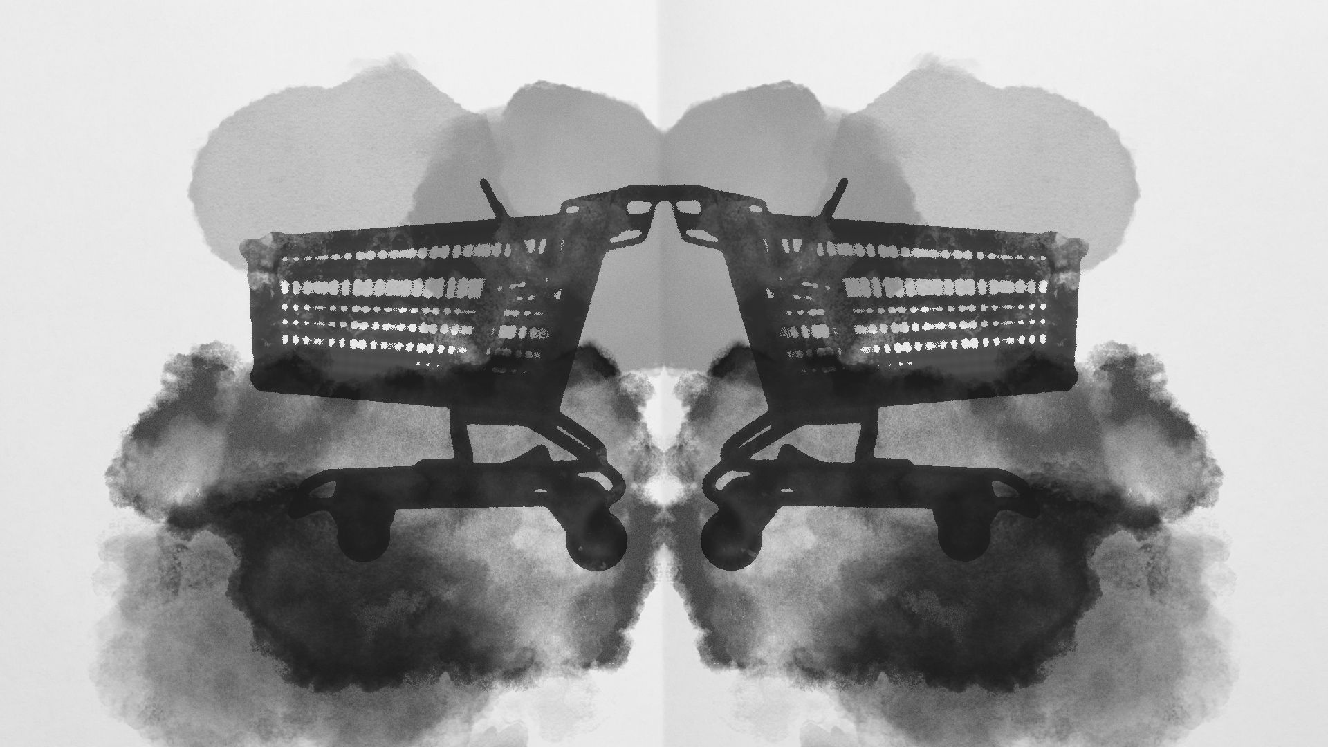 Illustration of a Rorschach inkblot showing shopping carts reflected on either side.
