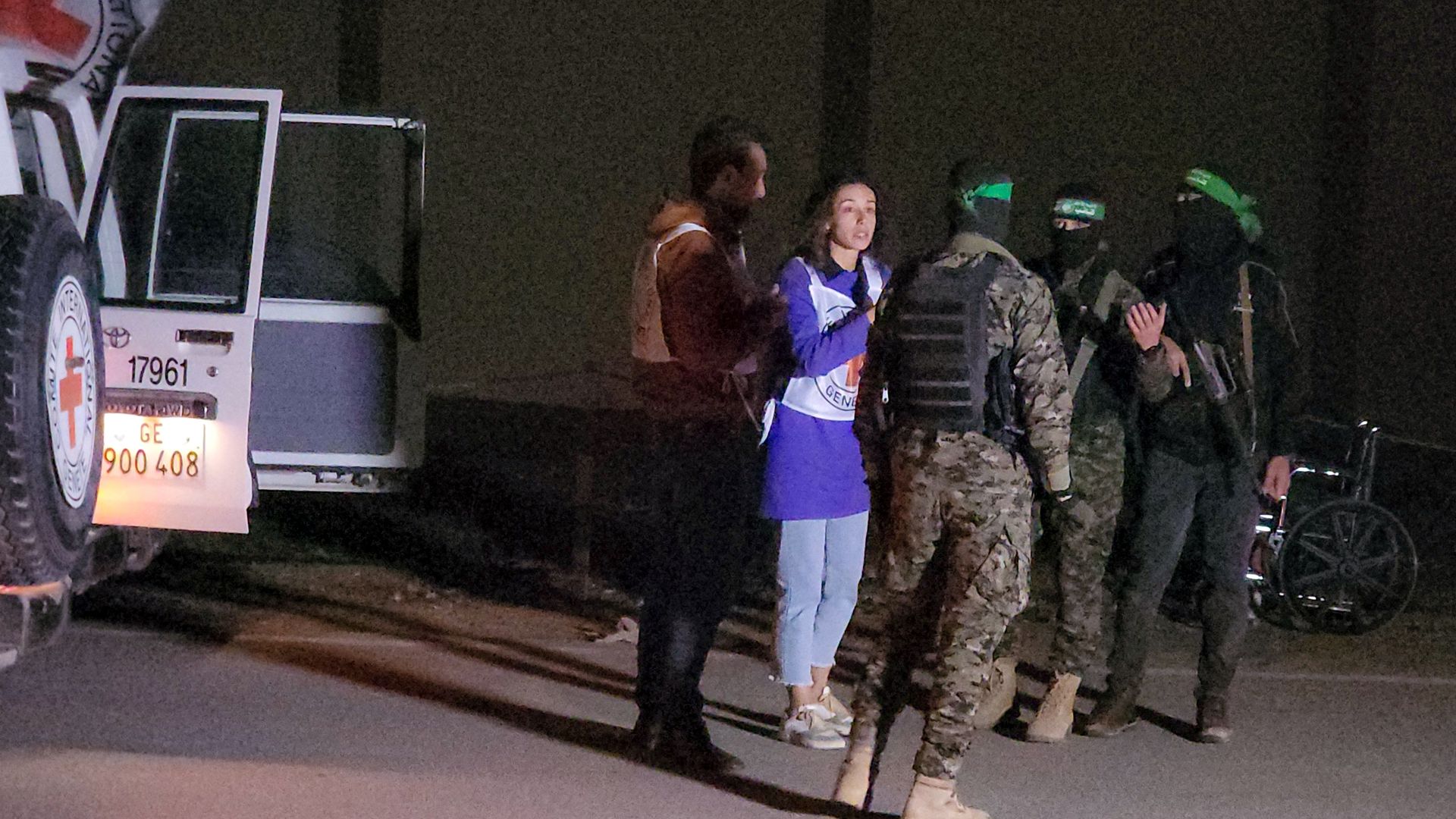 Hamas hands over 11 Israeli hostages to the International Committee of the Red Cross in Gaza City, Gaza on November 27, 2023. (Photo by Stringer/Anadolu via Getty Images)