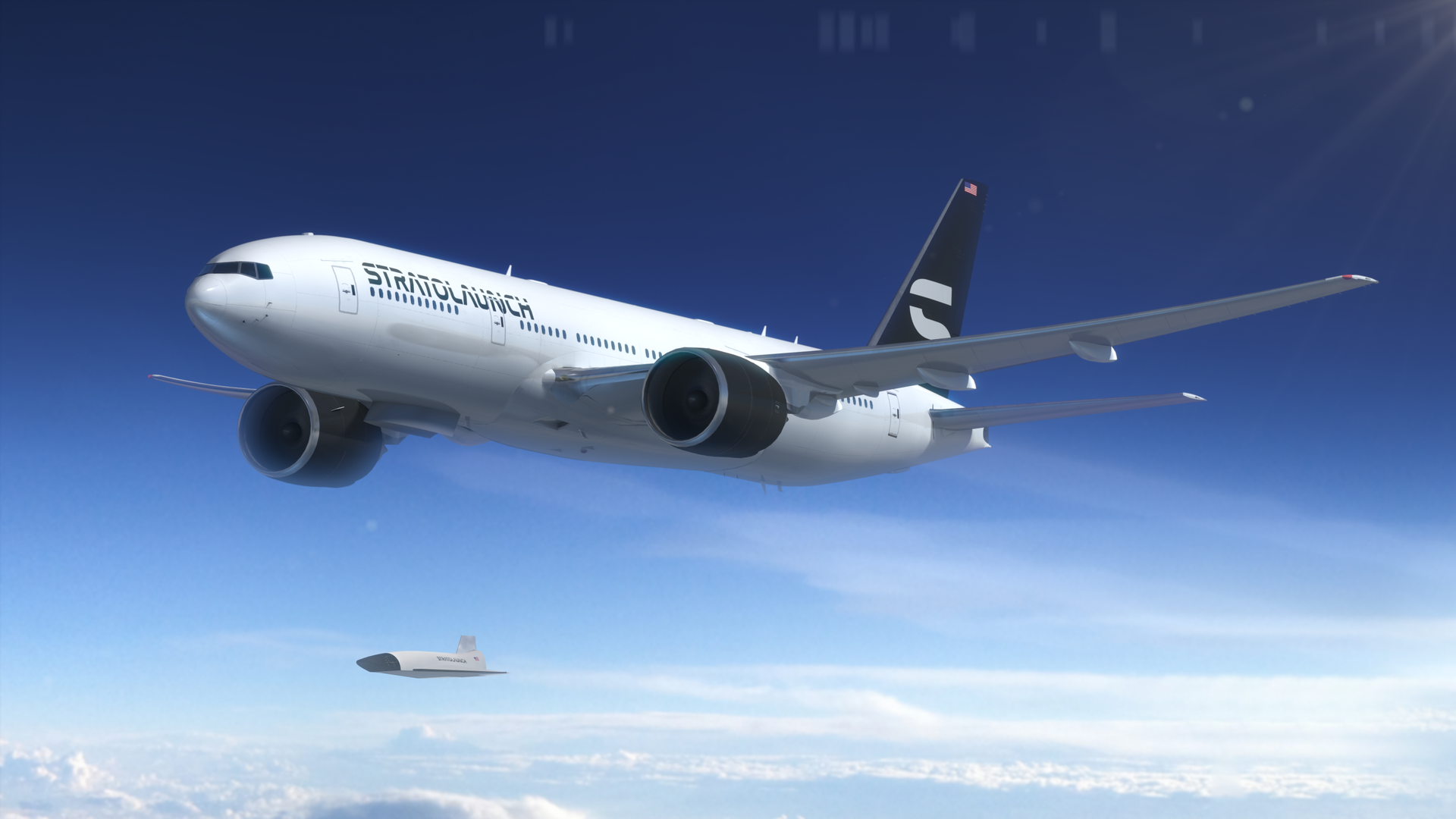 An artist's rendering of a large Boeing aircraft launching a small hypersonic aircraft from below.