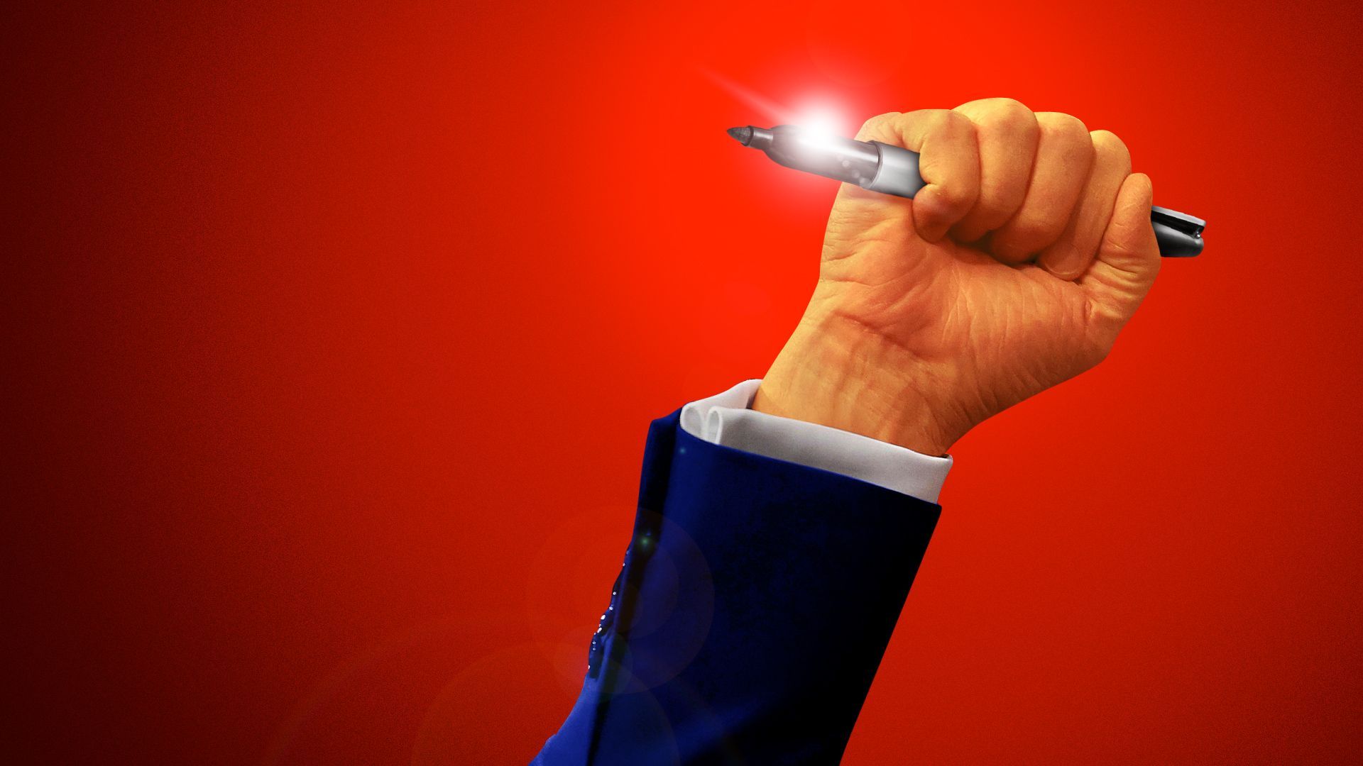 Photo illustration of President Trump's hand holding a black marker like a dagger.