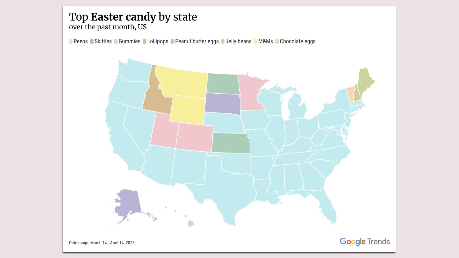 A map showing top Easter candy by state. 