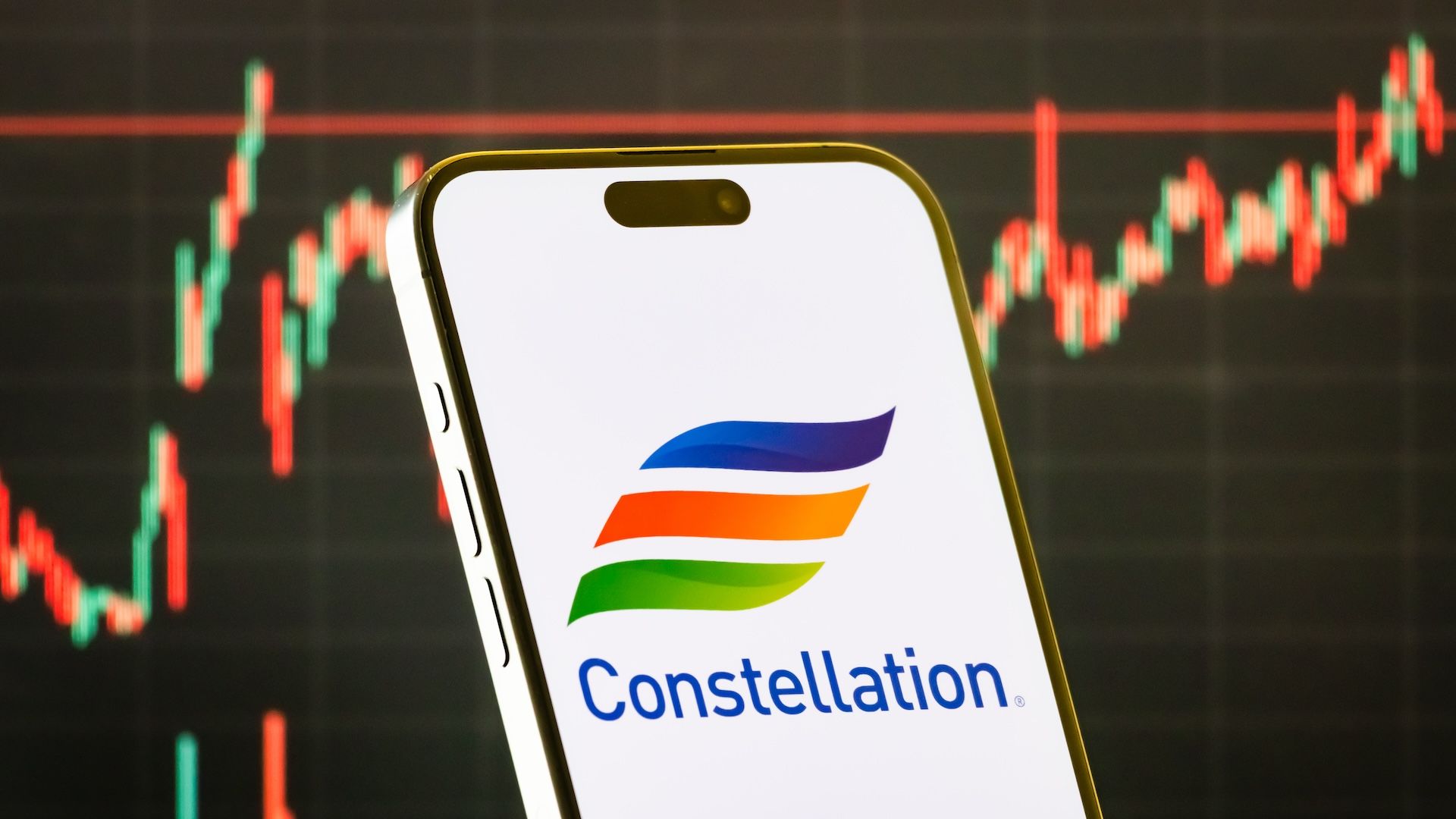 Photo of a smartphone showing the Constellation Energy corporate logo