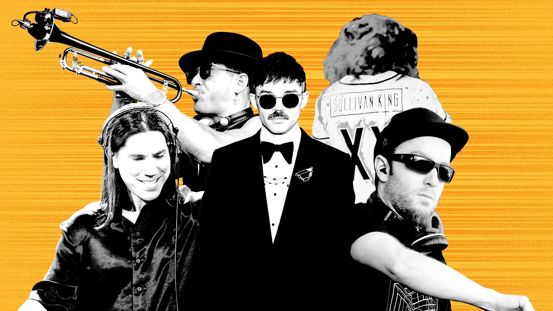 Photo illustration of Excision, Dom Dolla, Gryffin, Sullivan King, and Timmy Trumpet with orange speed lines behind them.