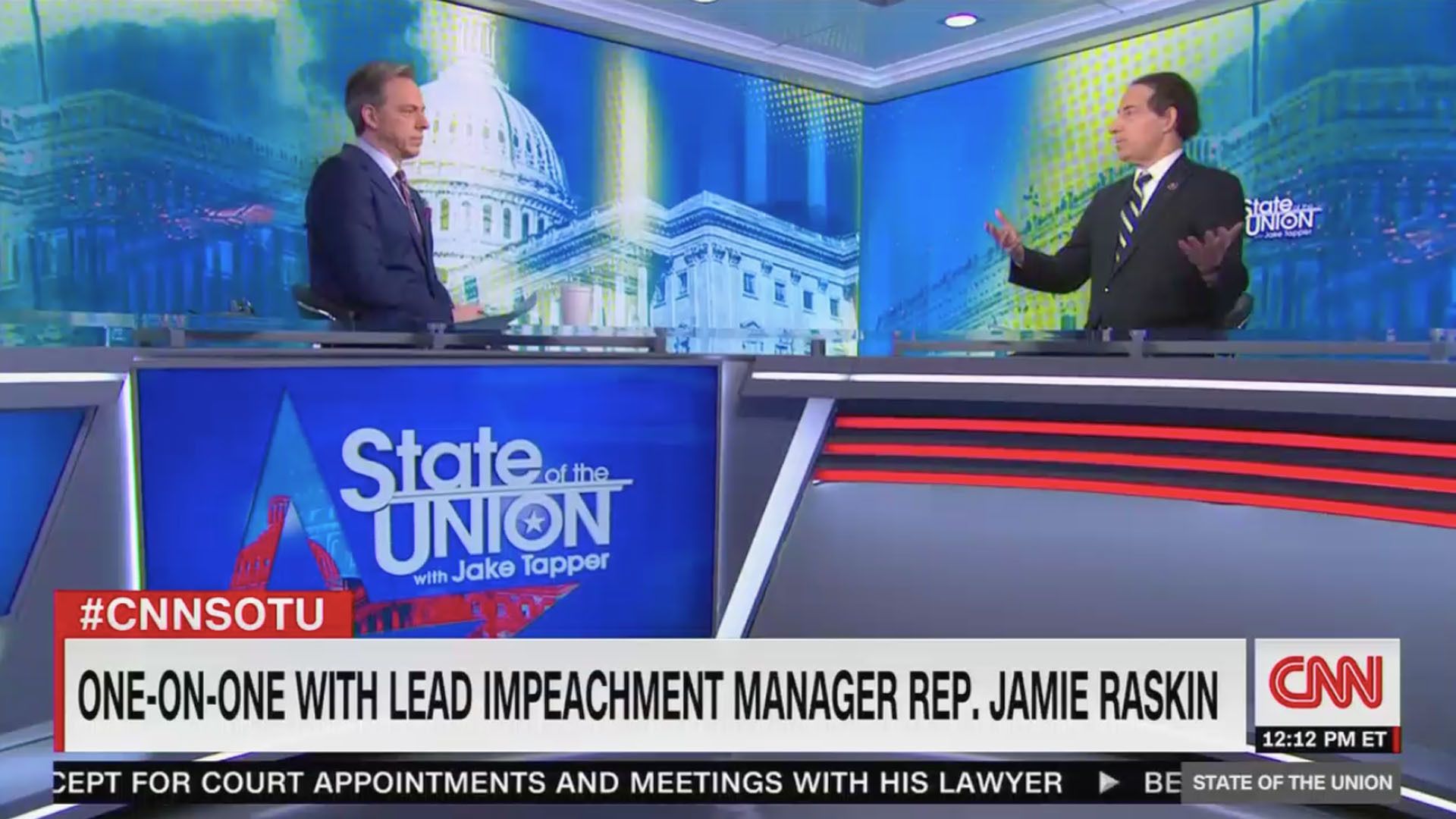 Rep. Jamie Raskin is seen in a screenshot speaking with CNN State of the Union host Jake Tapper.