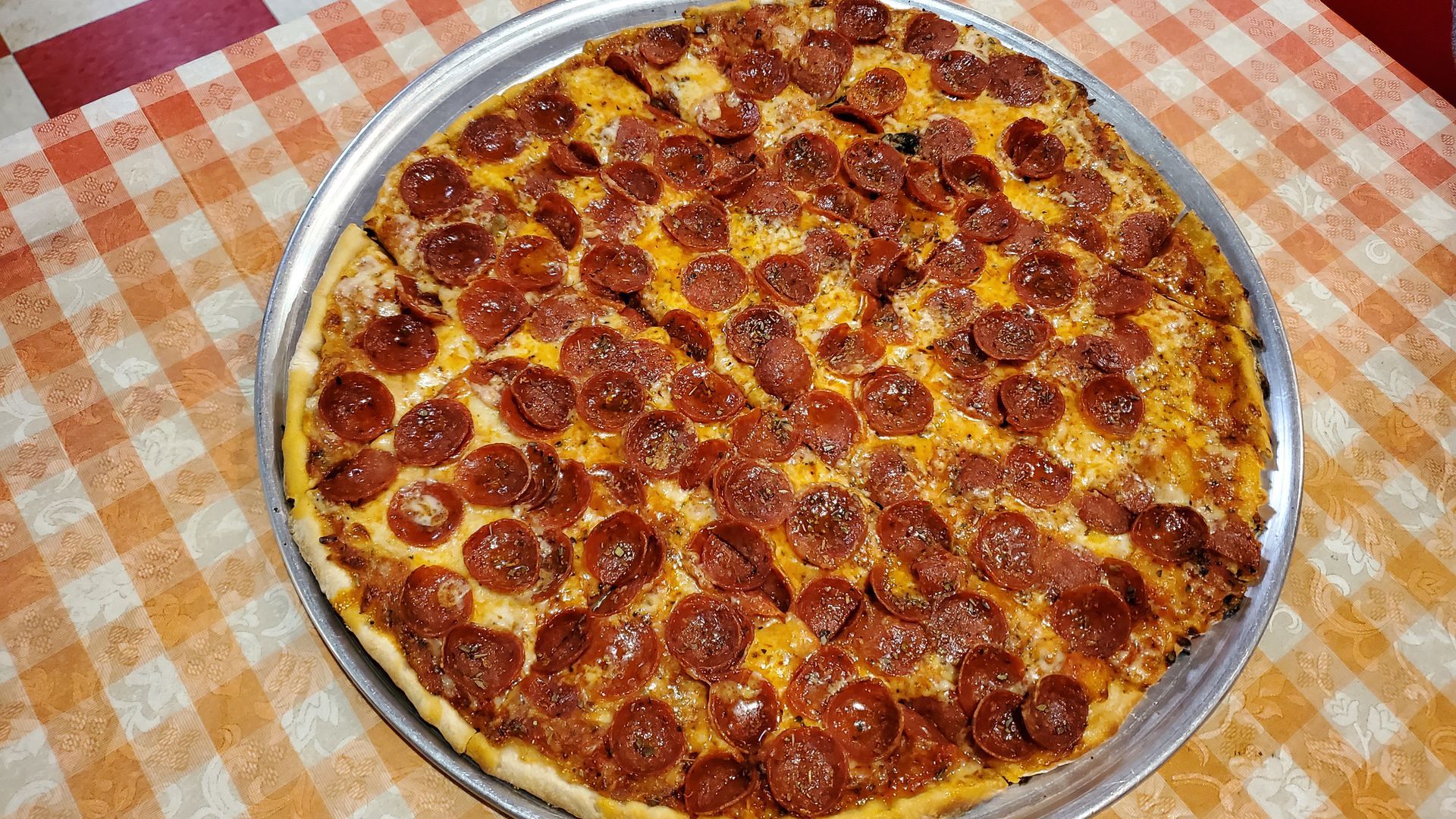 A Columbus style pepperoni pizza