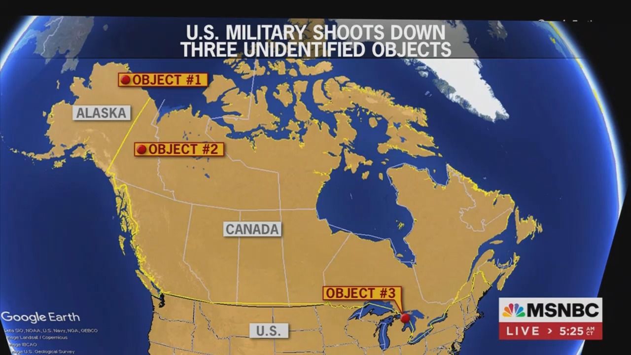 A map showing where the U.S. military has shot down three unidentified objects.