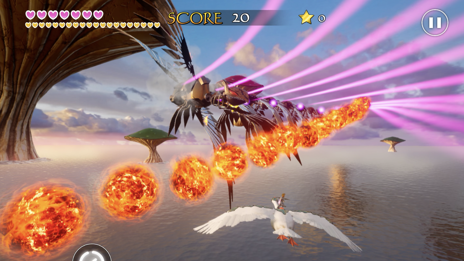 Video game screenshot of a mid-air battle involving a flying bird, fireballs and pink lasers