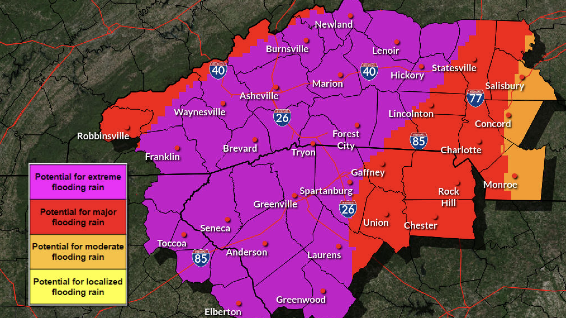 map showing flooding potential in Charlotte area, with purple representing extreme and red representing major