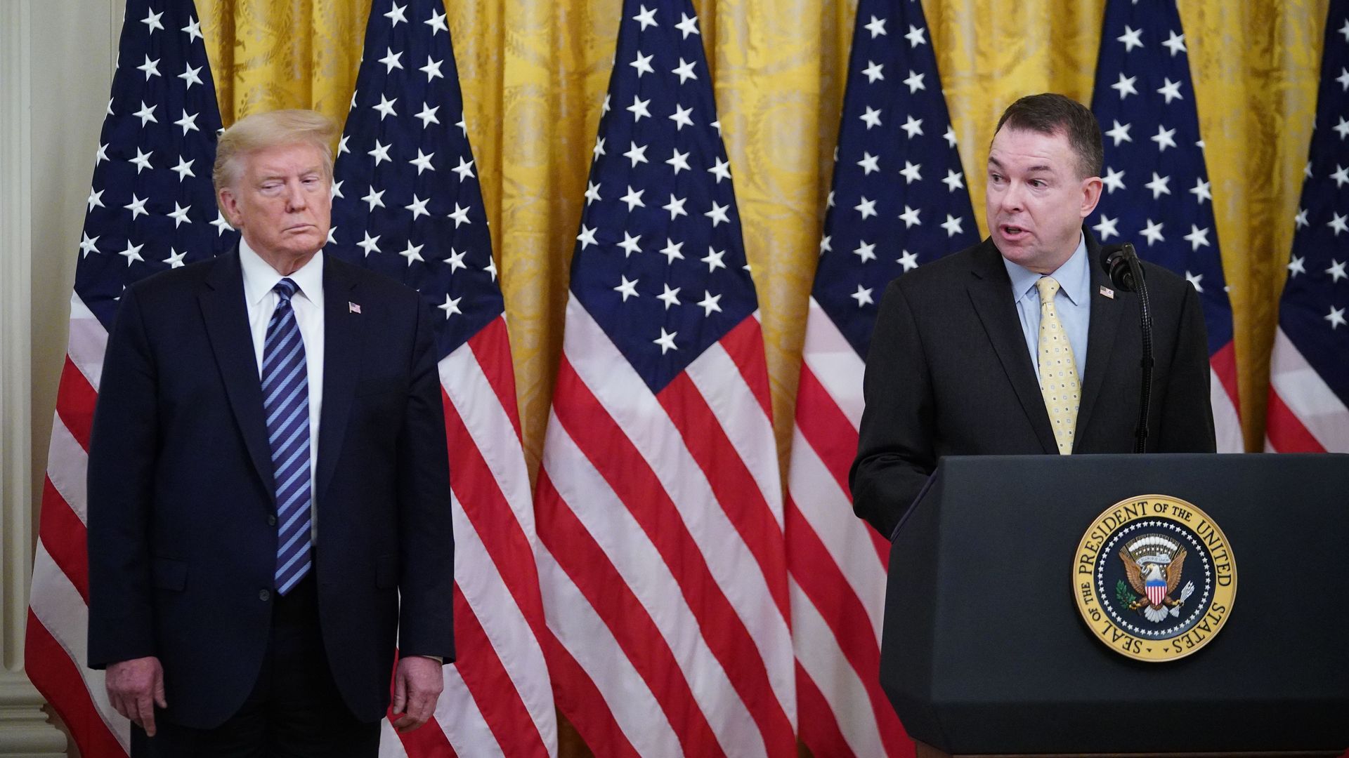 President Donald Trump listens as FEMA administrator Pete Gaynor Administrator speaks on protecting Americas seniors from the COVID-19 pandemic in the White House.