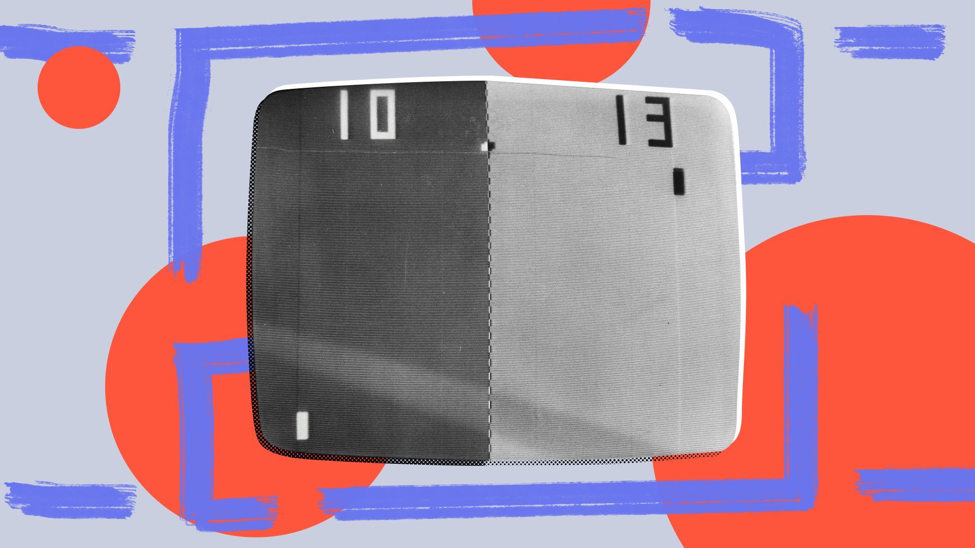 Photo illustration of a screen displaying a Pong game half inverted. 