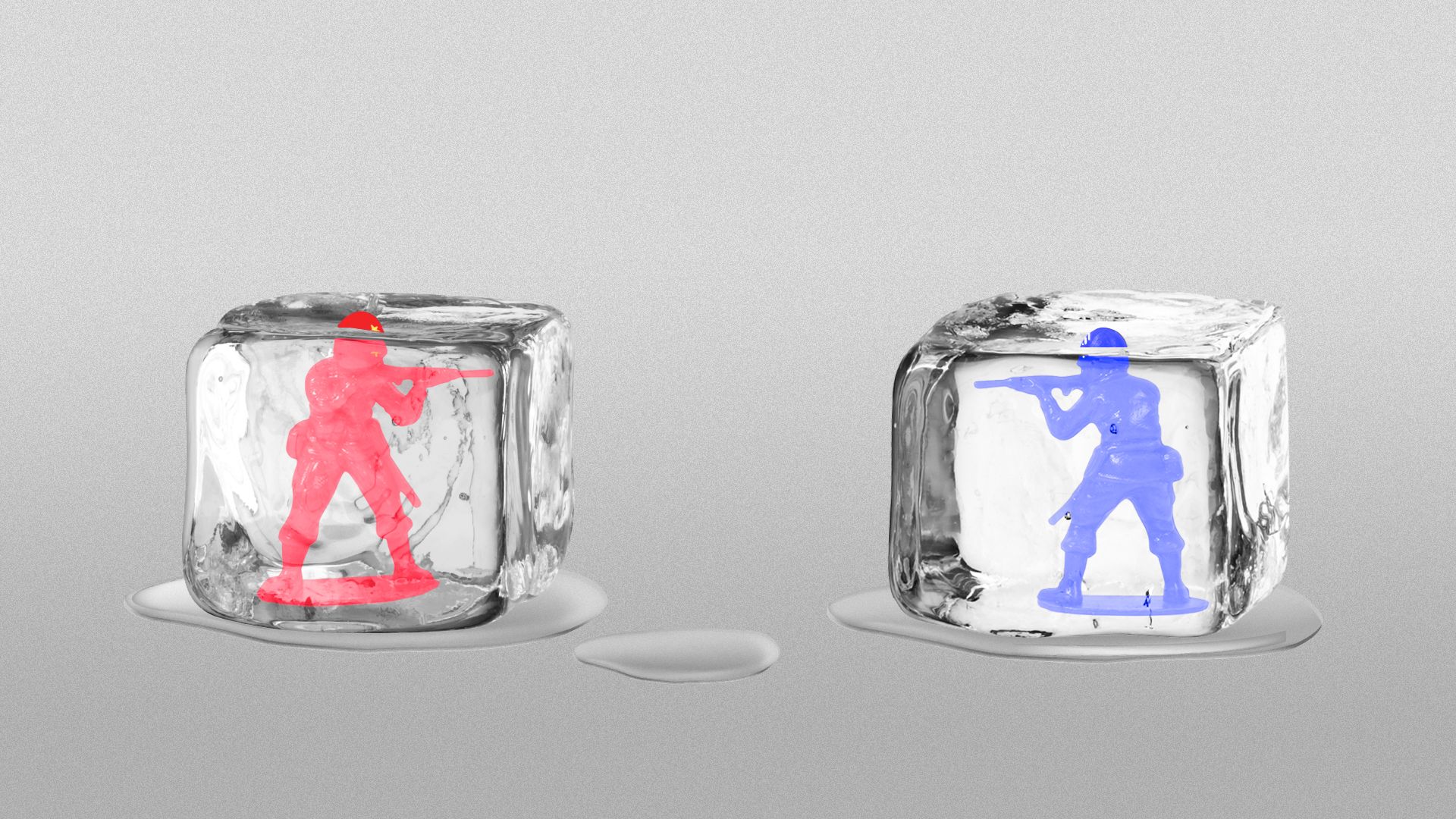 Illustration of two toy army men pointing guns at each other while frozen in ice cubs. One army man's hat bears the Chinese star, the other, American stripes