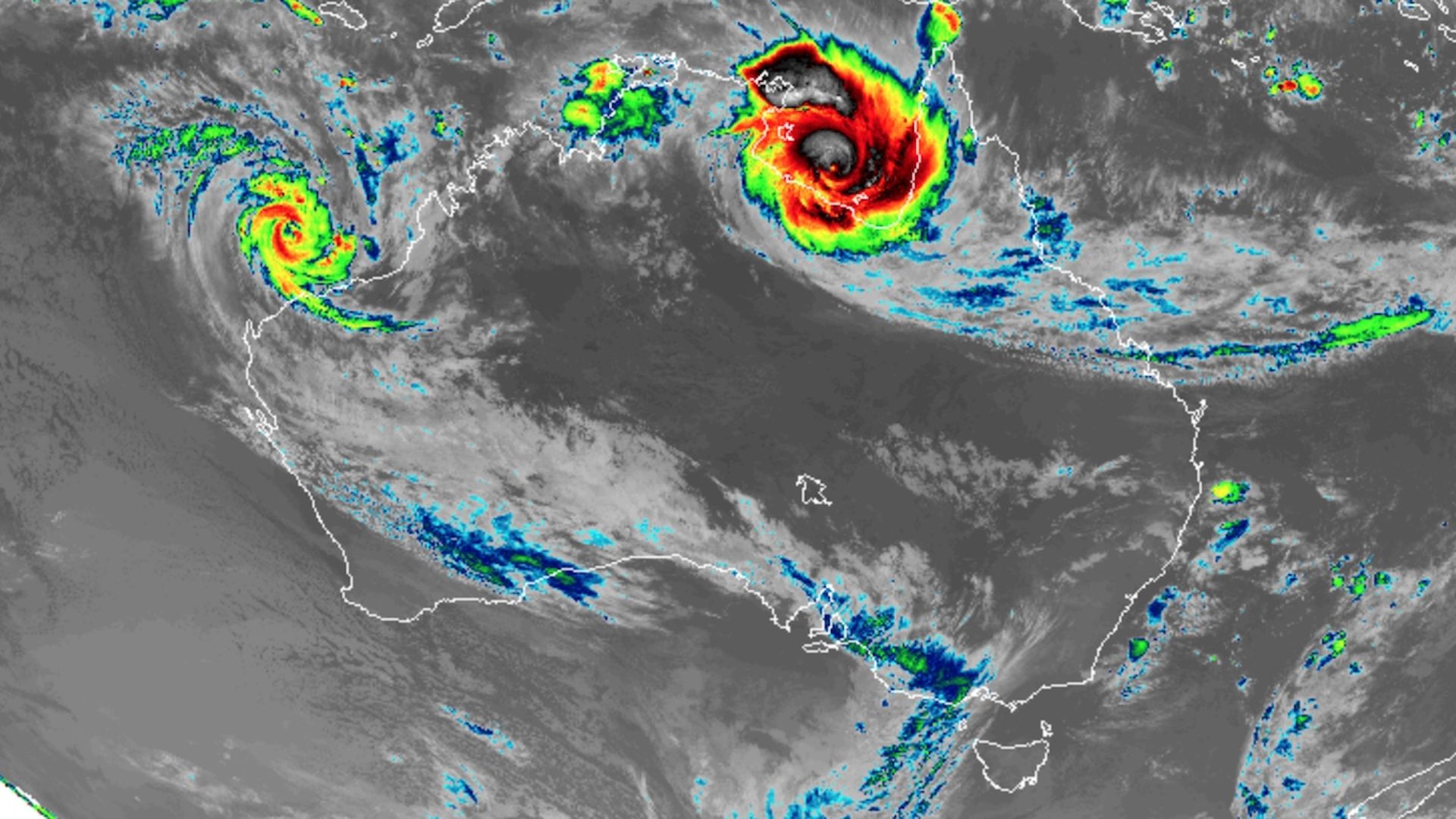 Satellite image showing two cyclones spinning off the Australian coast.