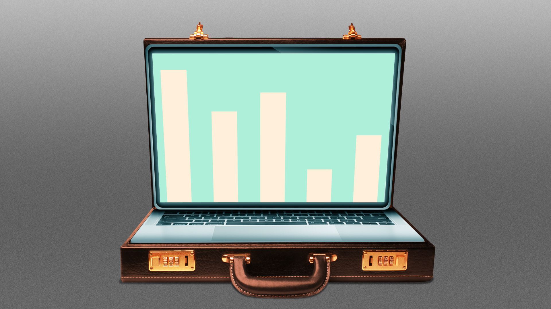 Illustration of an open briefcase revealing a laptop with a bar chart on the screen