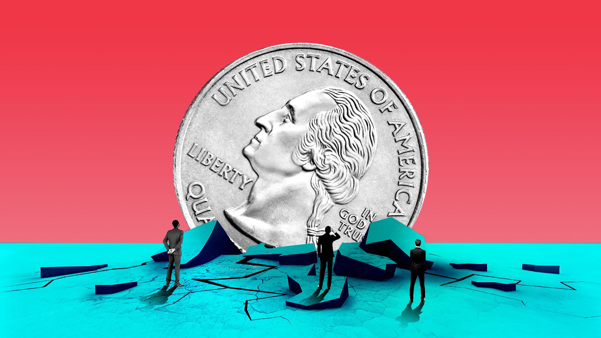 Illustration of a giant quarter that's hit the Earth with tiny people around it.