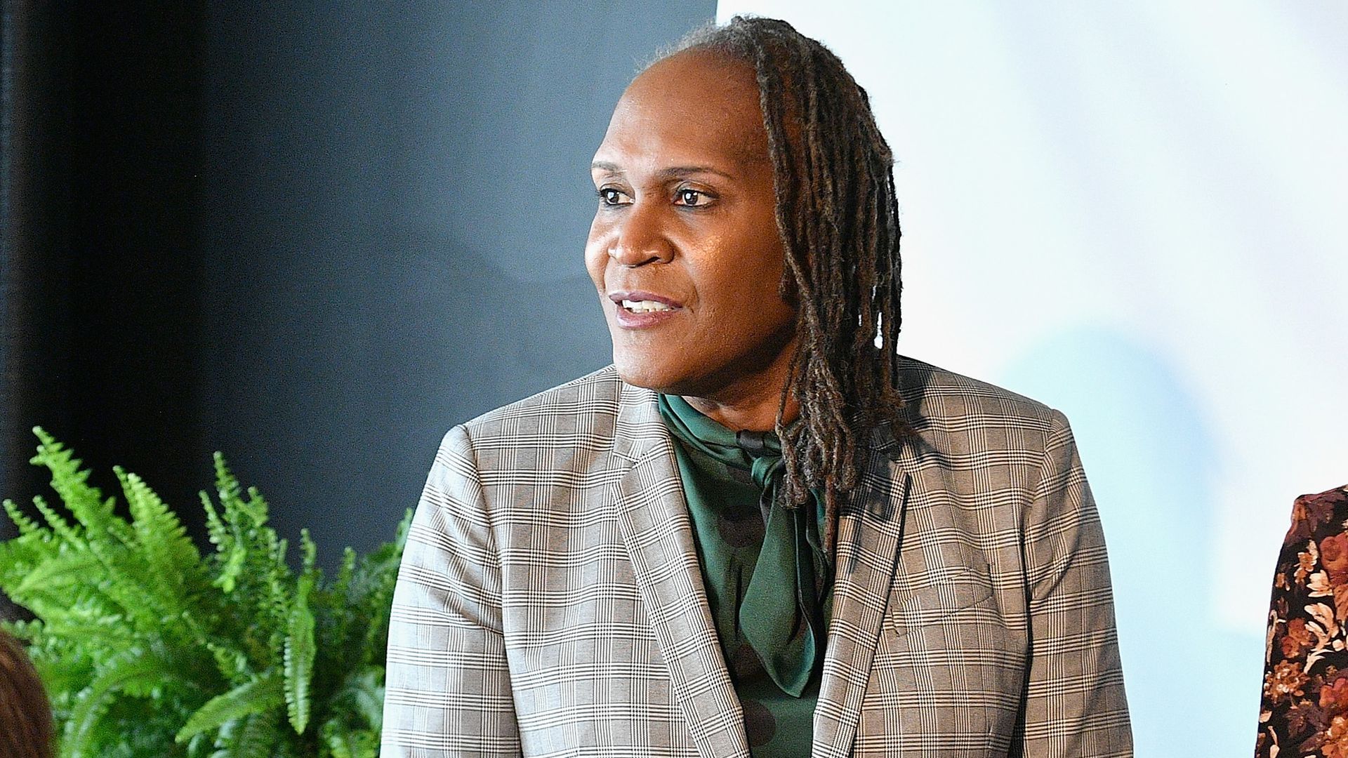 Minneapolis' new City Council President Andrea Jenkins looks off-camera.