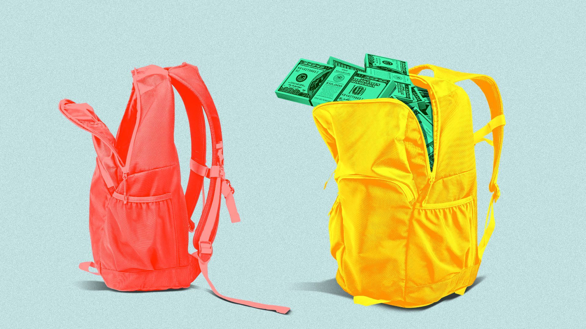 A backpack with cash pouring out of it.