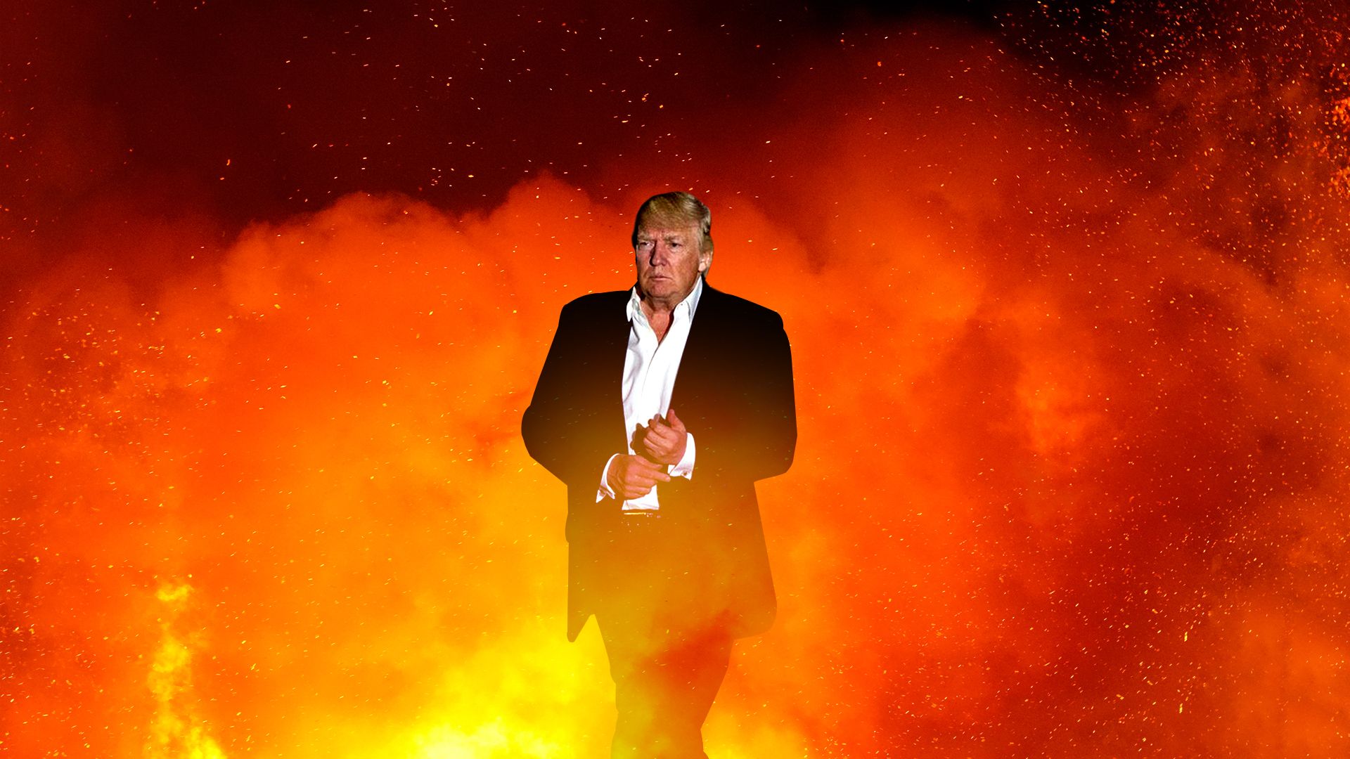 Illustration of Trump emerging from flames 