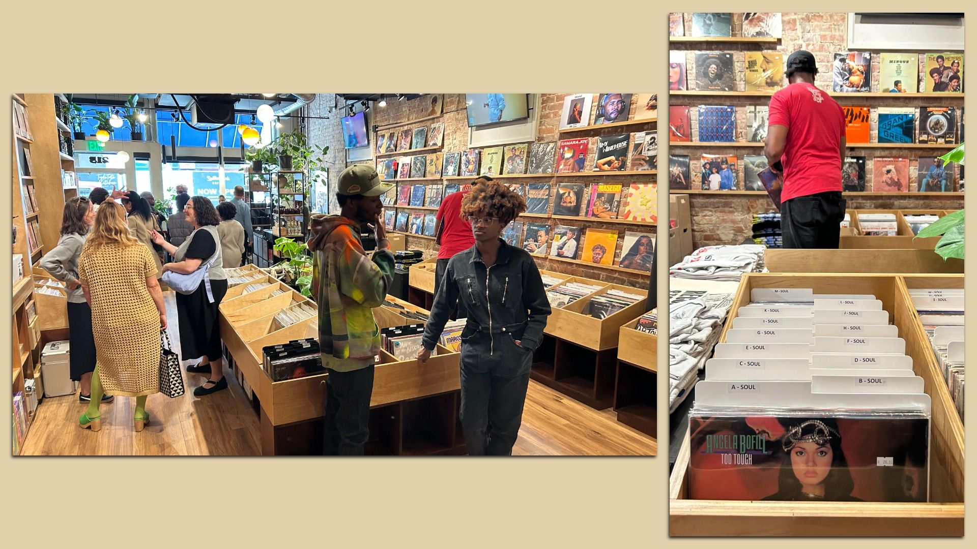 Side by side photos of people talking and looking at vinyl in a record store and an individual looking through records 