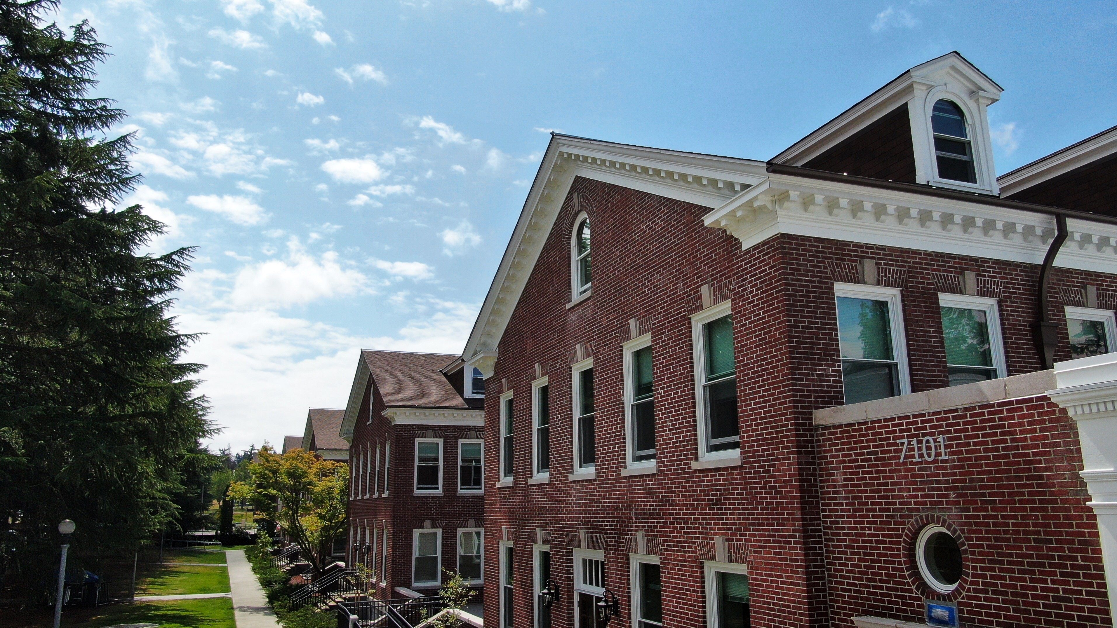 The exterior of a brick building.