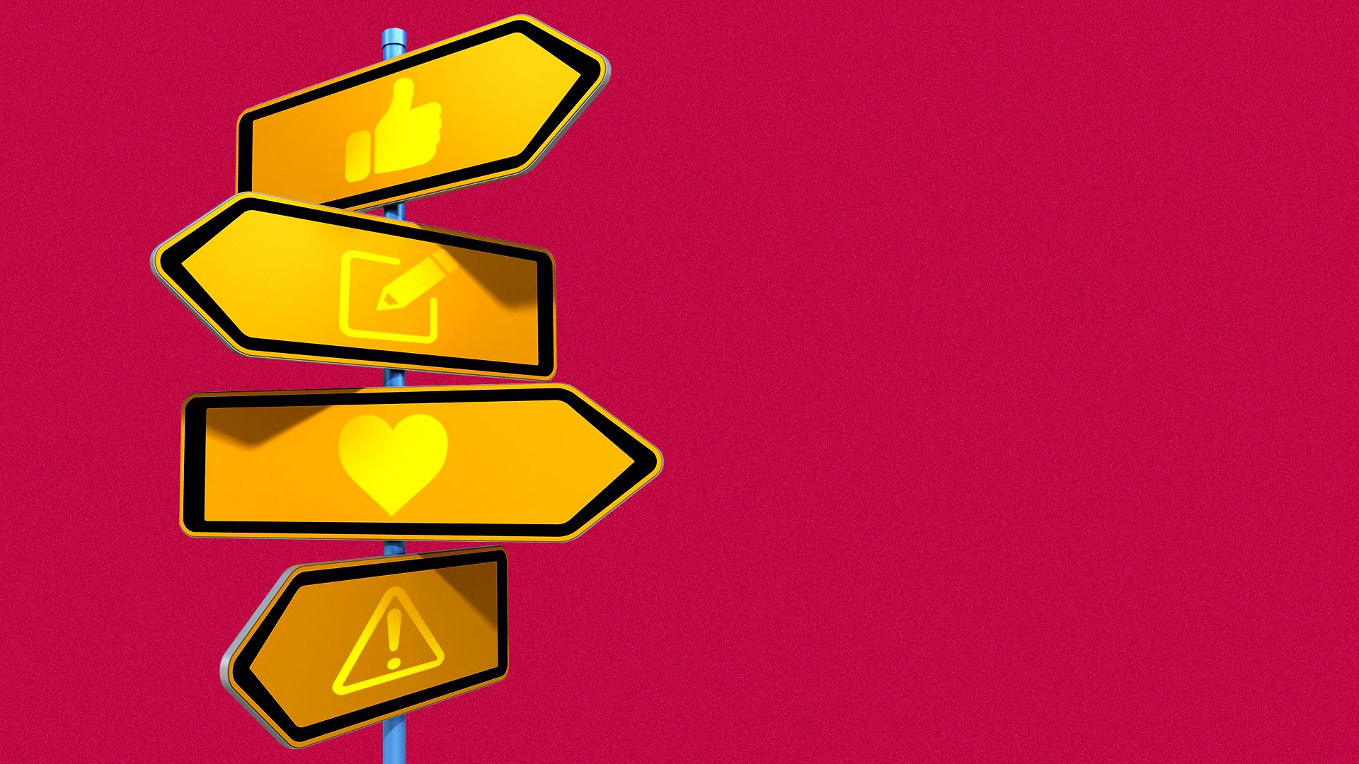 Illustration of directional sign with multiple arrows featuring digital icons including a thumbs up, a writing icon, a heart, and an exclamation point