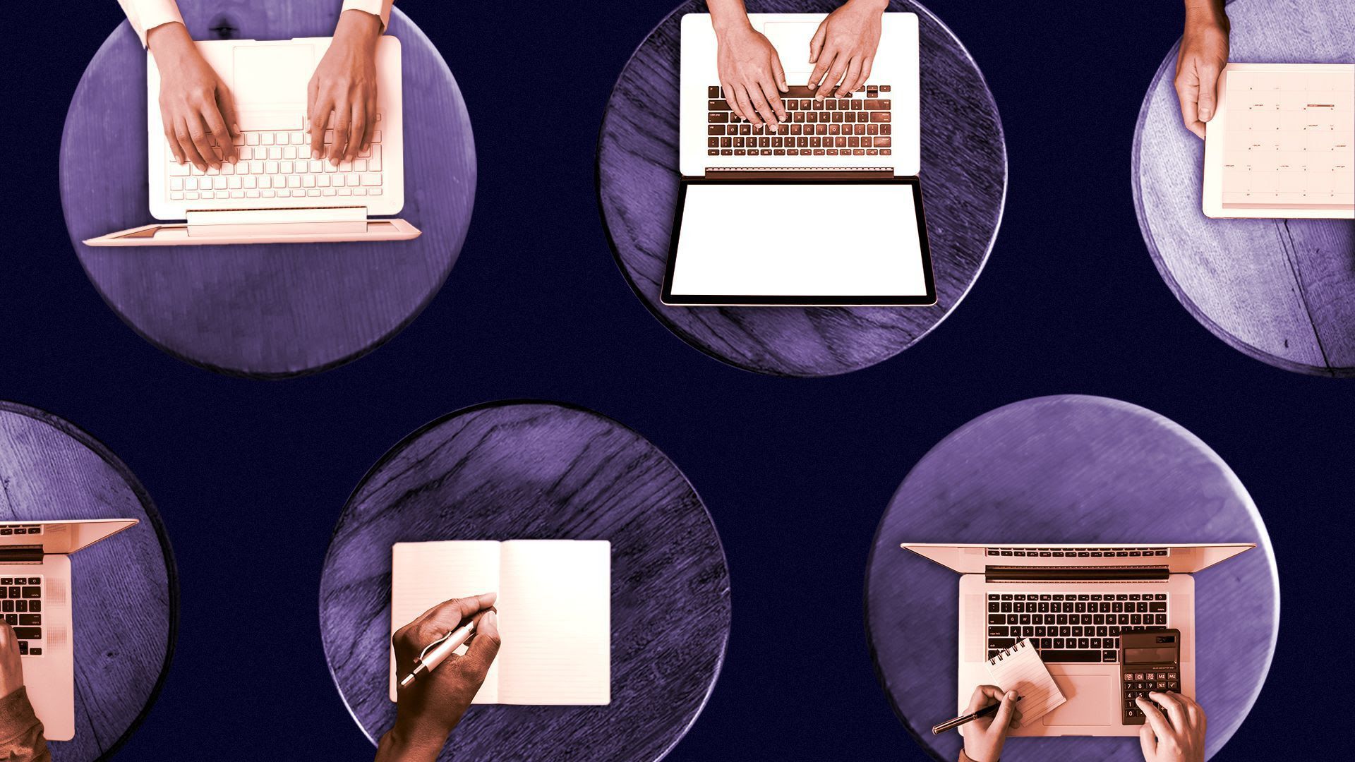 Illustration of people typing on computers and writing in notebooks on tables.
