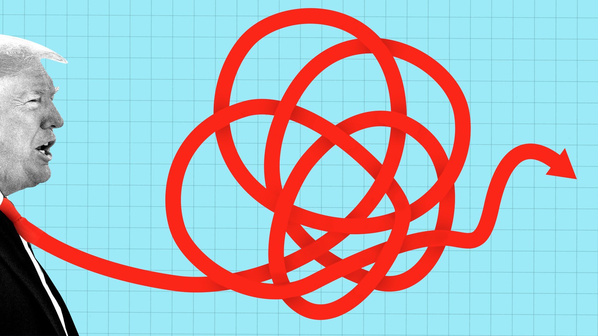 Photo illustration of President Trump with his tie creating a knotted and crazy looking market line. 