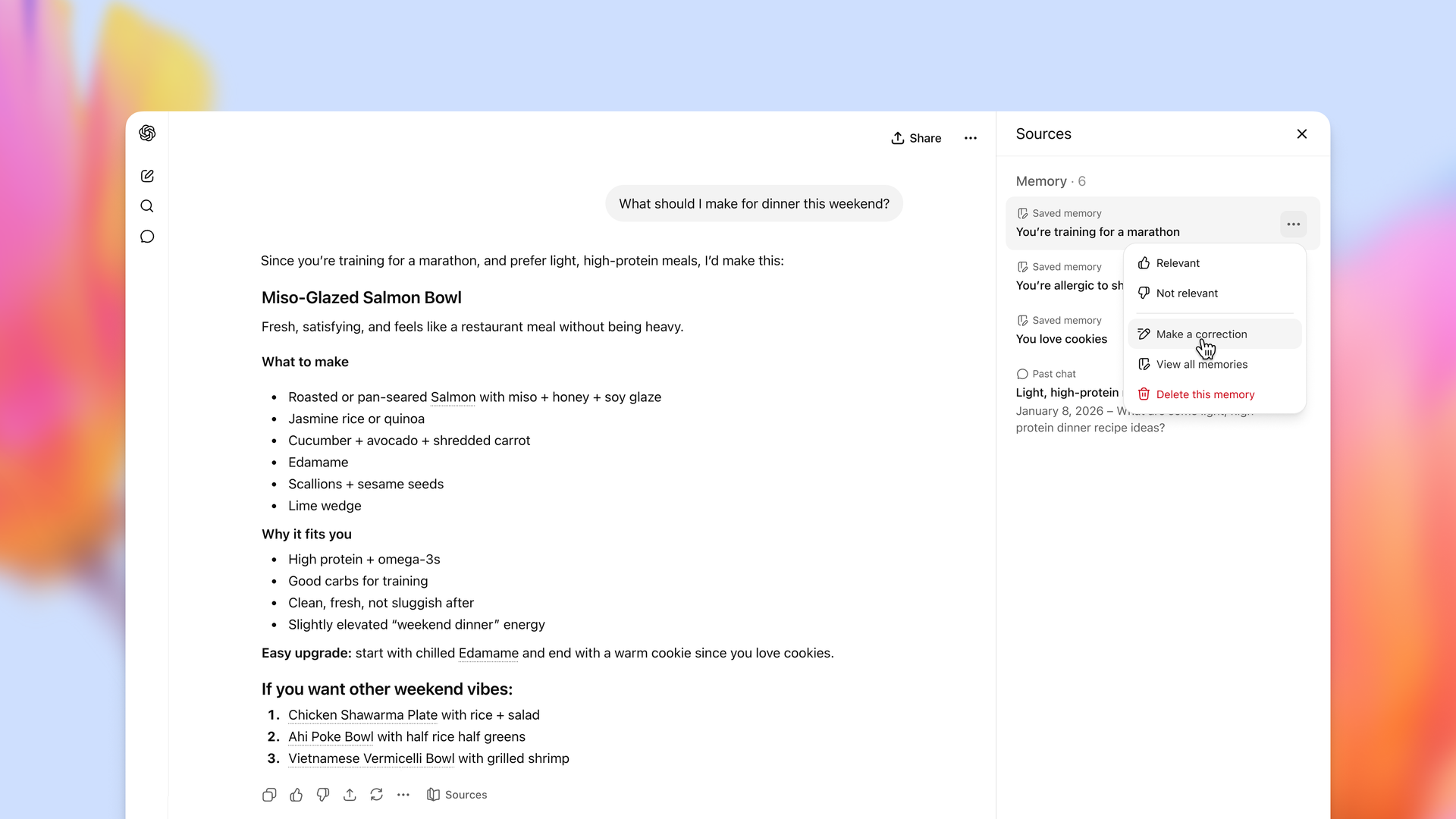 ChatGPT screenshot with more memory