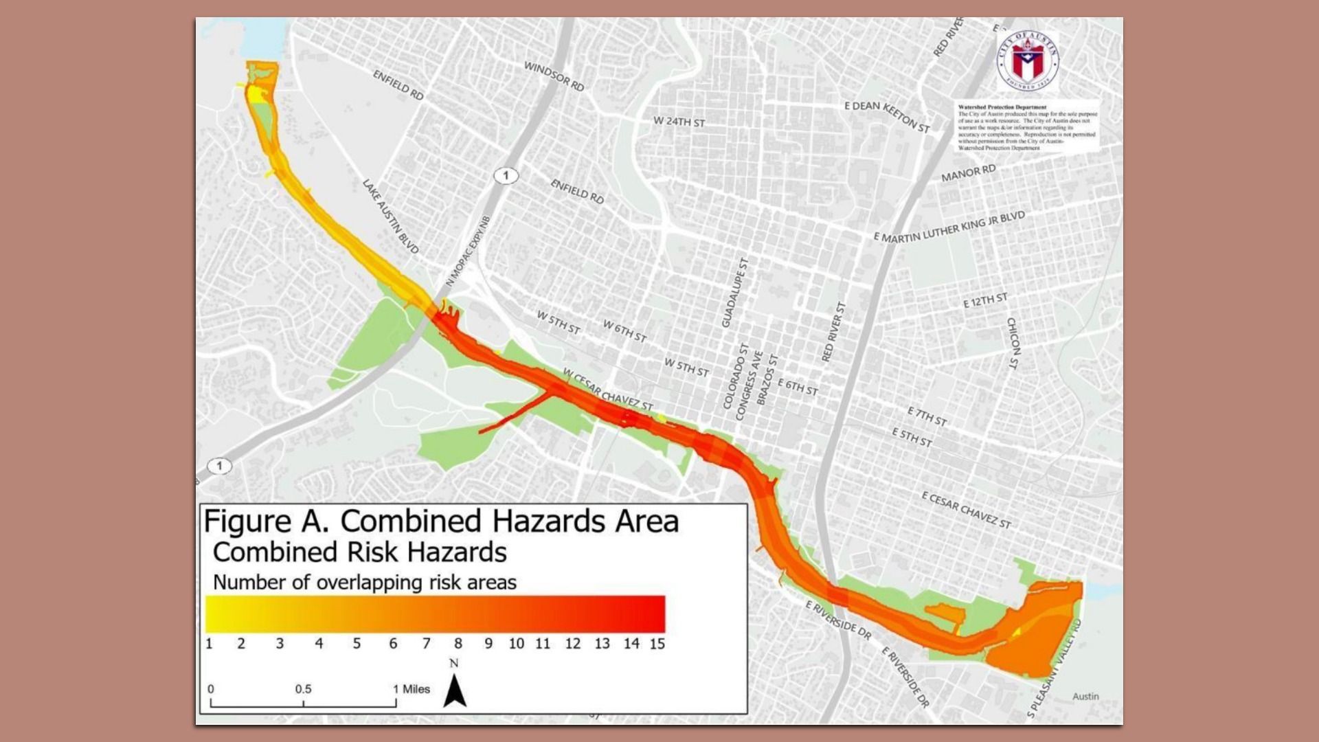 Map of Austin highlighting a river corridor with combined hazards risk from yellow (low) to red (high), showing 1 to 15 overlapping risk areas along the waterway and surrounding streets.