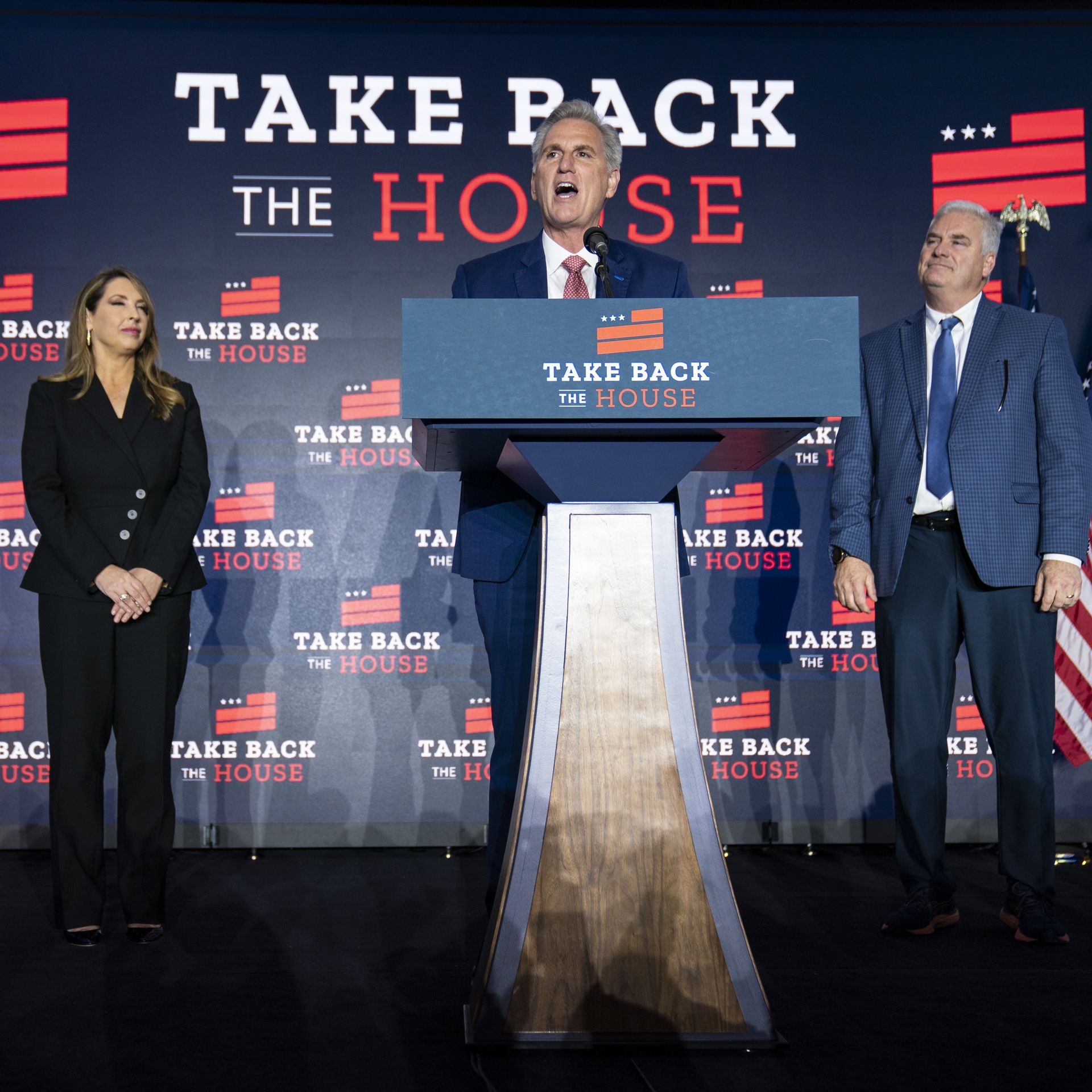 House Minority Leader Rep. Kevin McCarthy (R-CA) delivers remarks to supporters alongside Ronna Romney McDaniel, Republican National Committee chair, and Rep. Tom Emmer (R-MN)