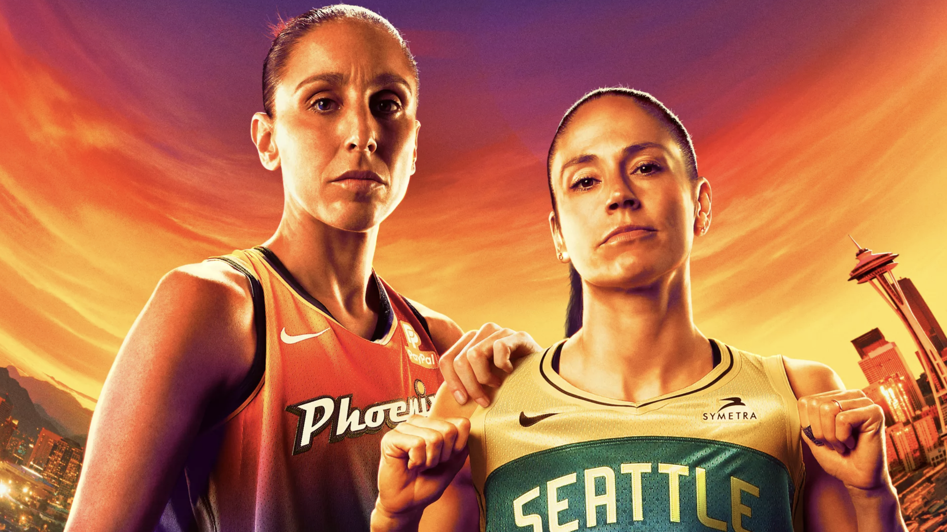 Photo of two female basketball players standing in front of an illustrated sunset