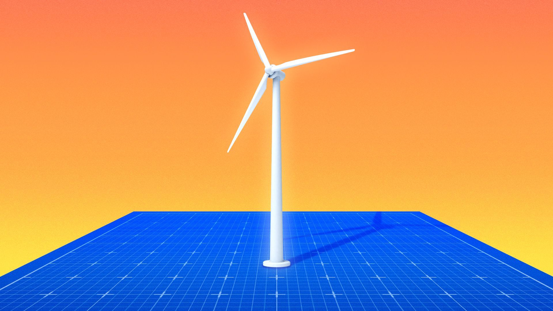 Illustration of a wind turbine popping up off of a blueprint.
