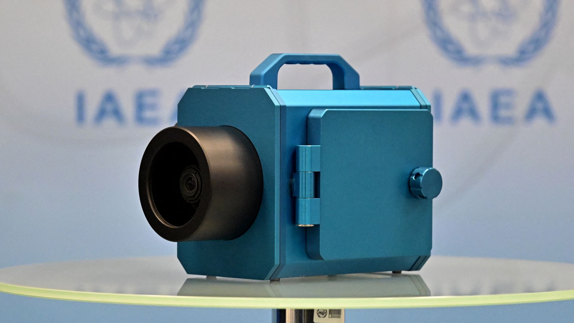 A monitoring camera used in Iran is seen during a press conference of Rafael Grossi, Director General of the International Atomic Energy Agency