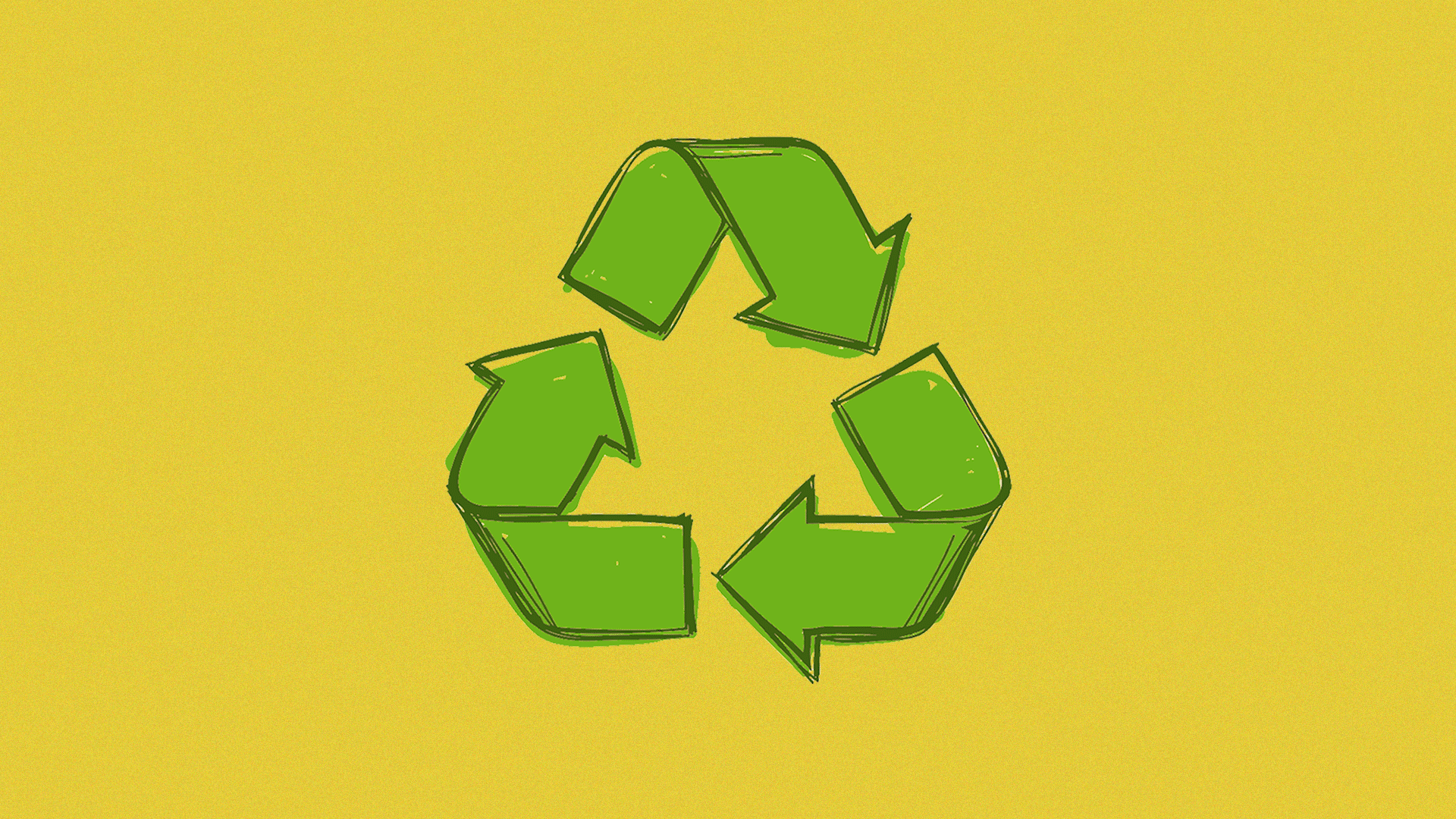 Animated illustration of a hand drawn recycling symbol changing to a flat recycling symbol, and then to a 3d recycling symbol.