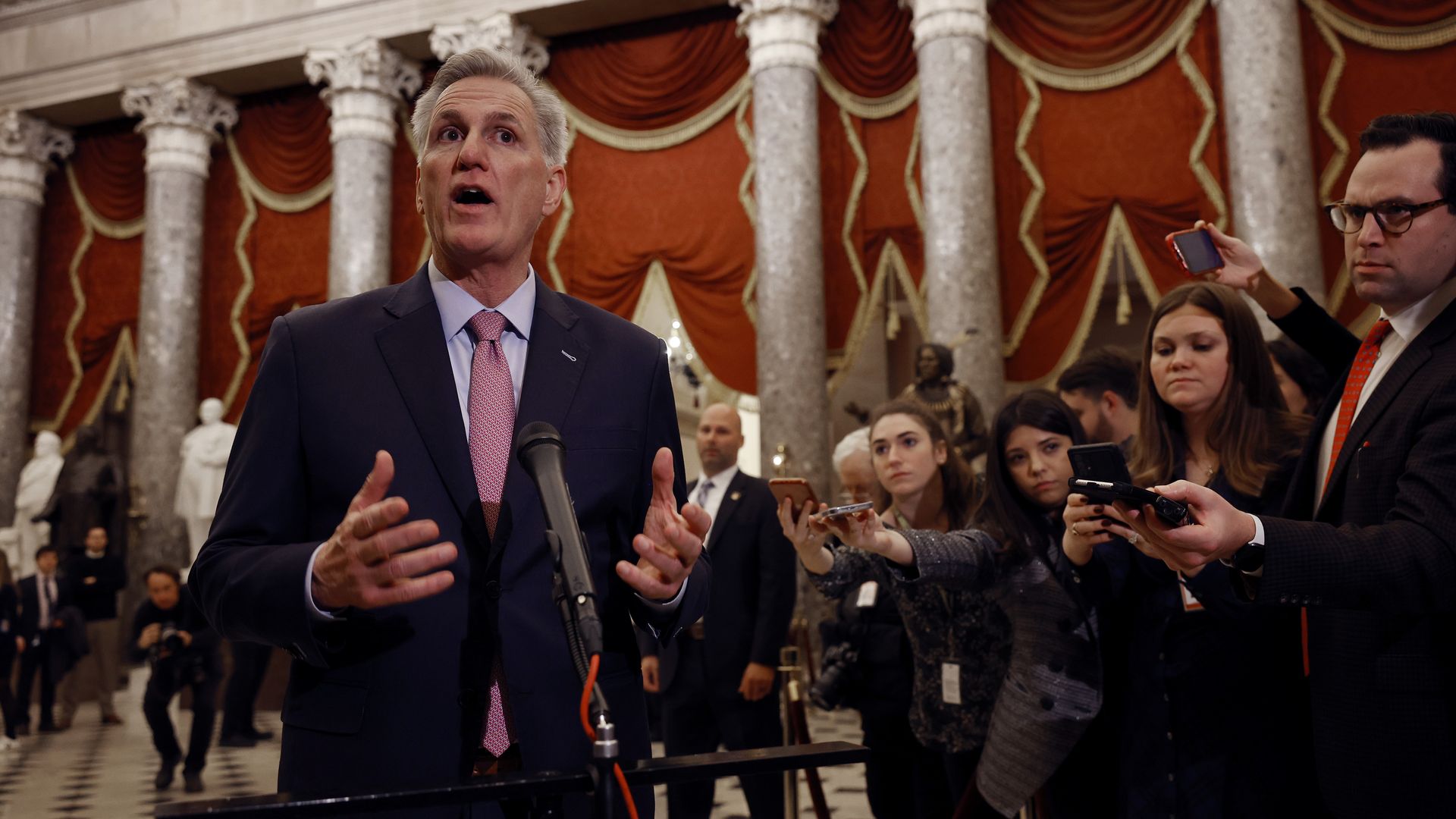 U.S. Speaker of the House Kevin McCarthy (R-CA) talks to reporters in Statuary Hall after being elected Speaker in the House Chamber at the U.S. Capitol Building on January 07, 2023 