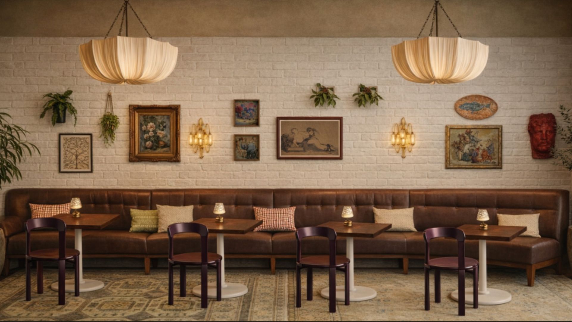 Cozy cafe interior with brown leather bench, small wooden tables, purple chairs, hanging white lamps, framed artworks, plants and warm wall sconces on a white brick wall.