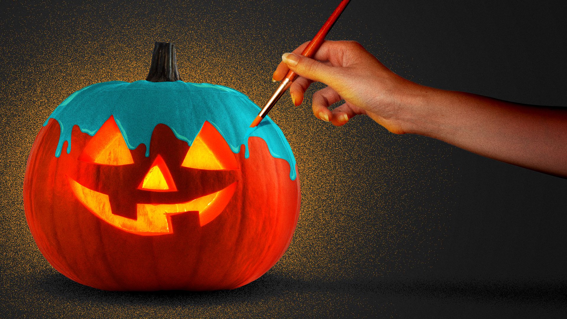 Illustration of a hand painting a jack-o-lantern teal. 