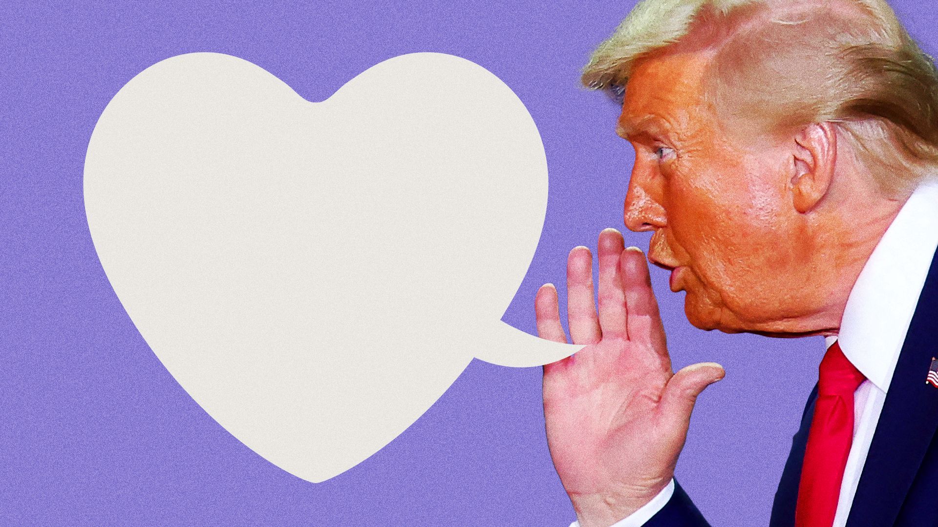 Photo illustration of Donald Trump and a heart-shaped speech bubble.