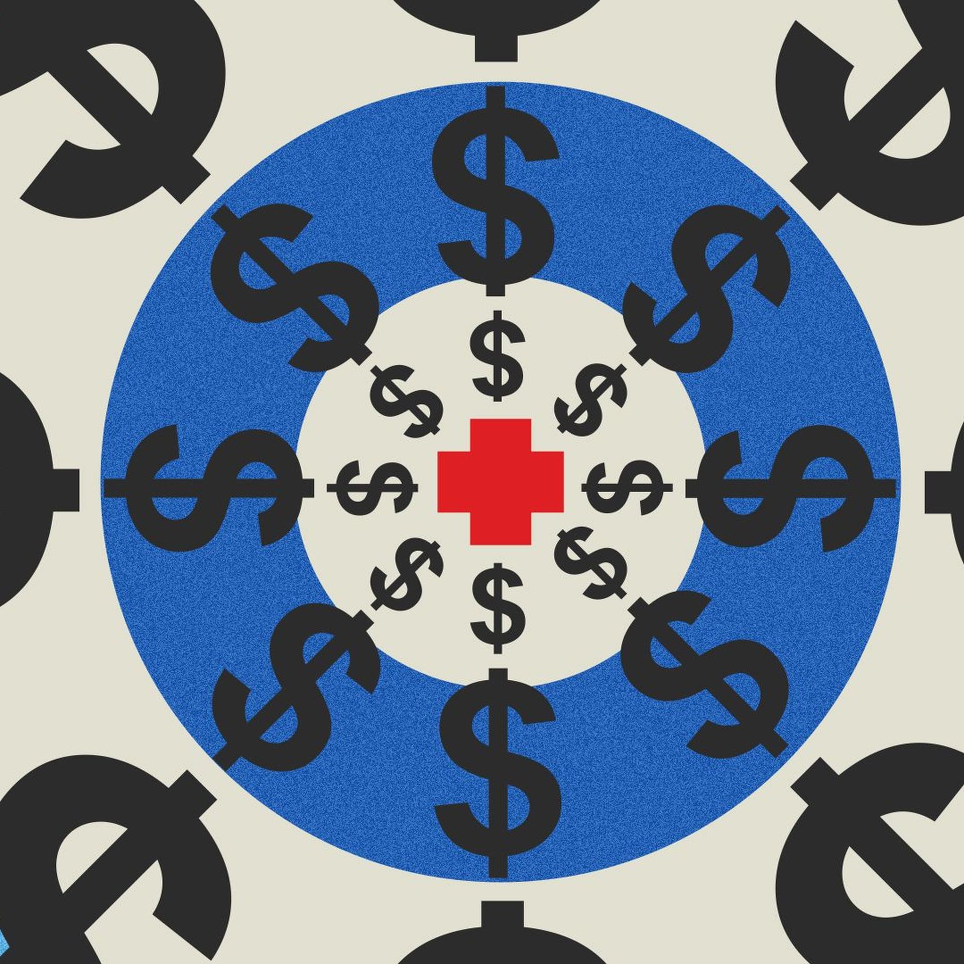 Illustration of red cross surrounded by concentric circles of dollar symbols.
