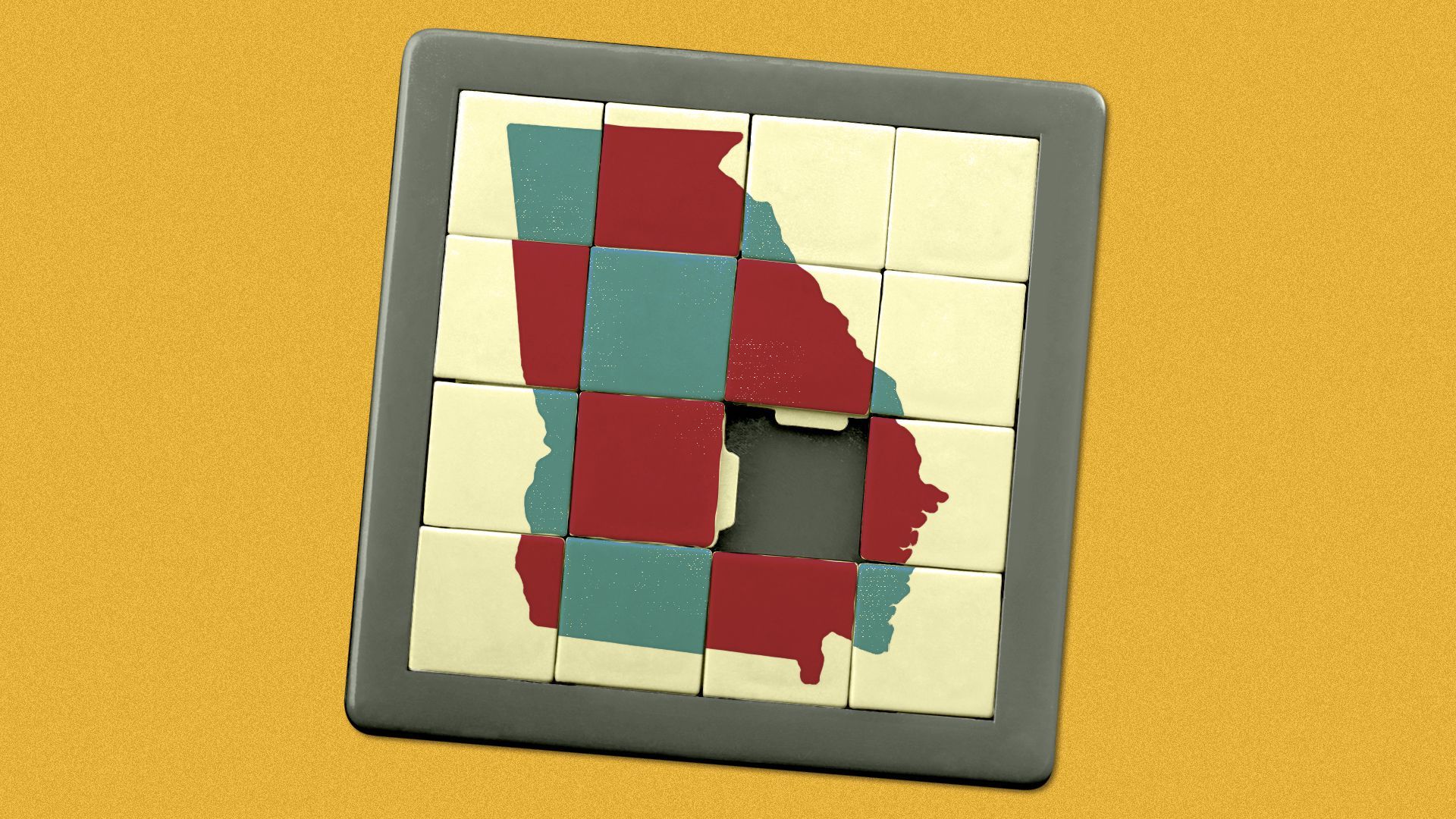 Illustration of a slide puzzle, with the state of Georgia broken up into red and blue tiles.