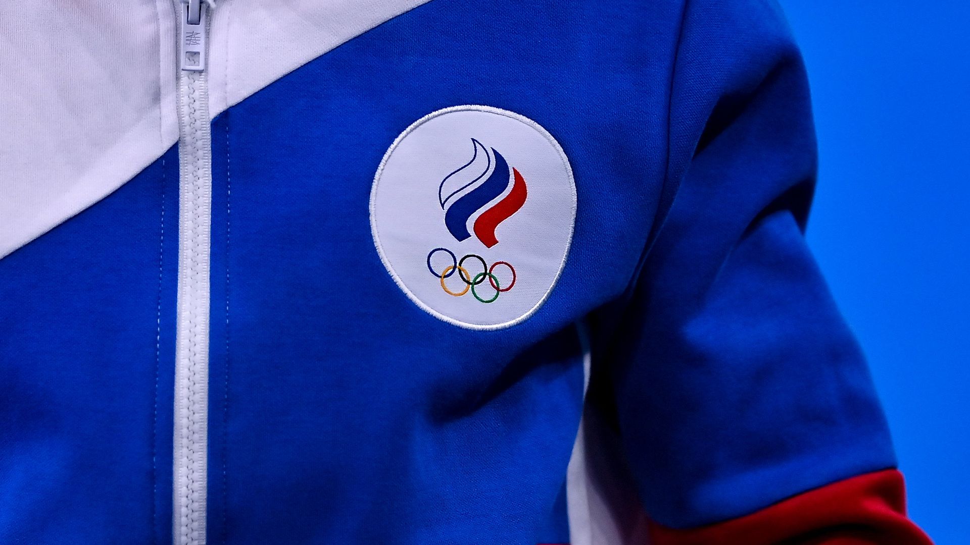 The logo of the Russian Olympic Committee team on a uniform during women's gymnastics at the 2020 Olympics in Tokyo.