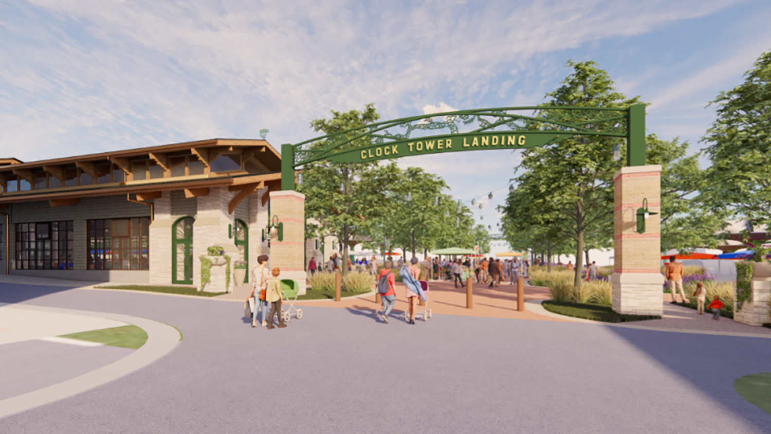 Entrance archway labeled "Clock Tower Landing" leads to a bustling outdoor market with people walking, trees lining the pathway, and a building on the left under a partly cloudy blue sky.