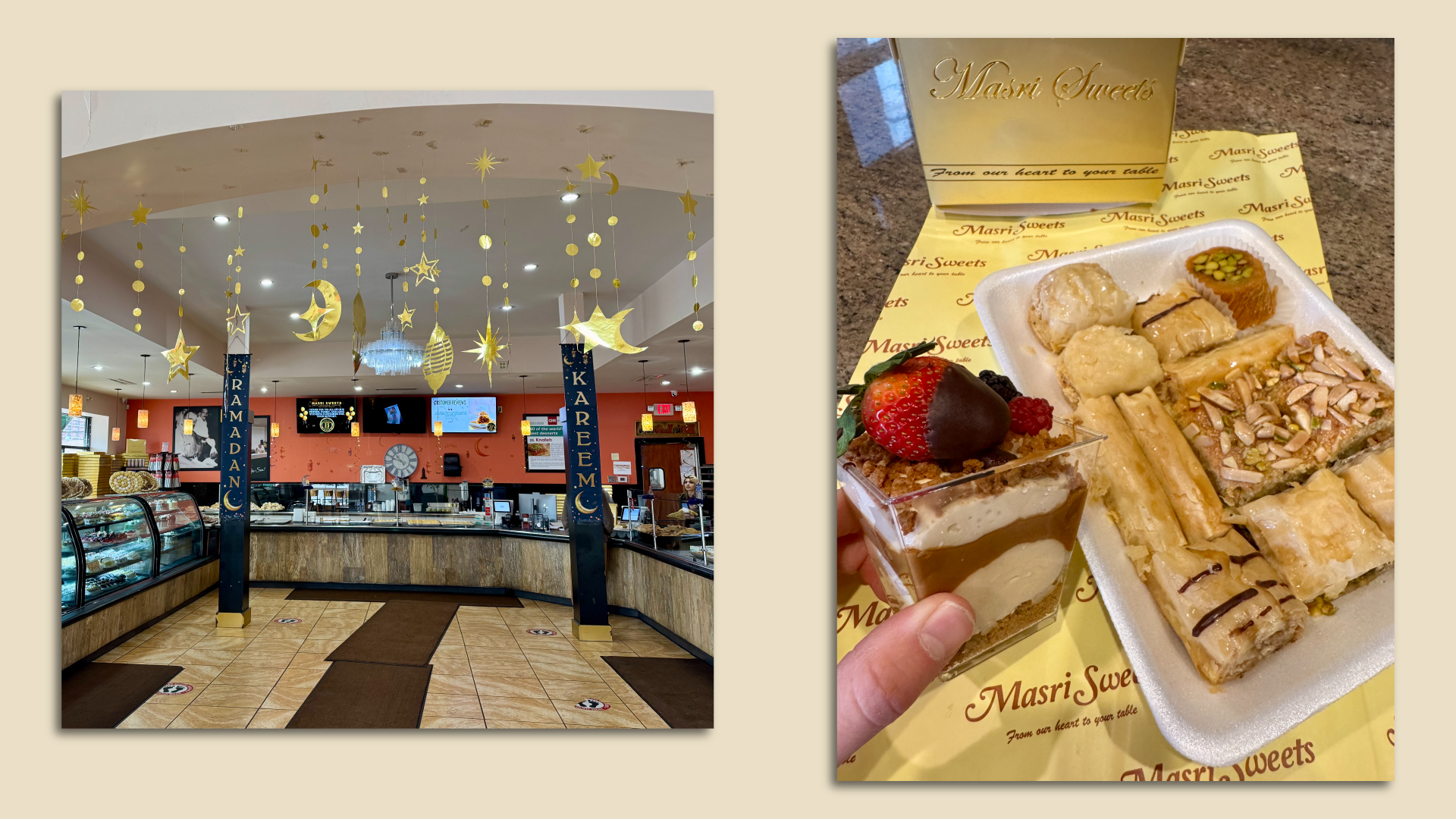 The interior of a restaurant with gold moon and star banners, left, and a hand holding a cup of dessert in front of a tray of pastries, right.
