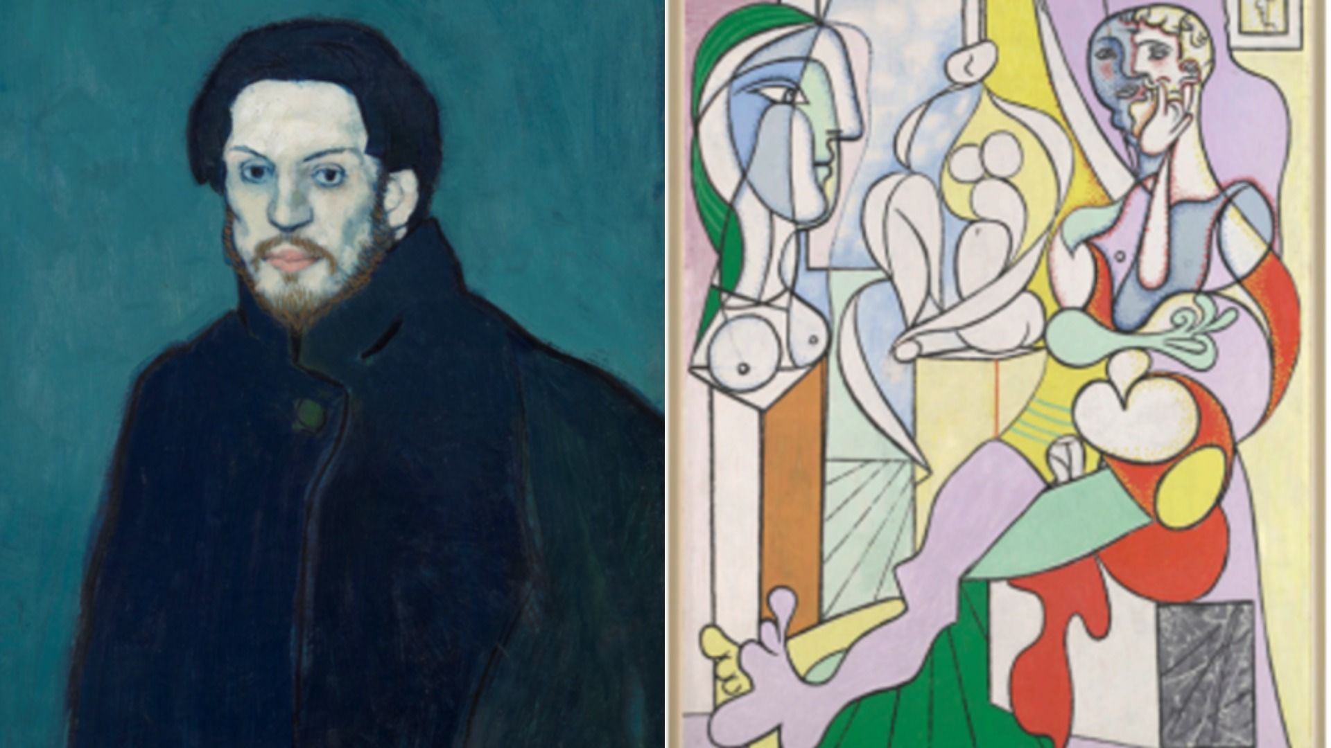 Split image: left panel shows a moody blue-green portrait of a man in a dark coat; right panel features a bright cubist abstract with interlocking shapes and figures in colorful hues.