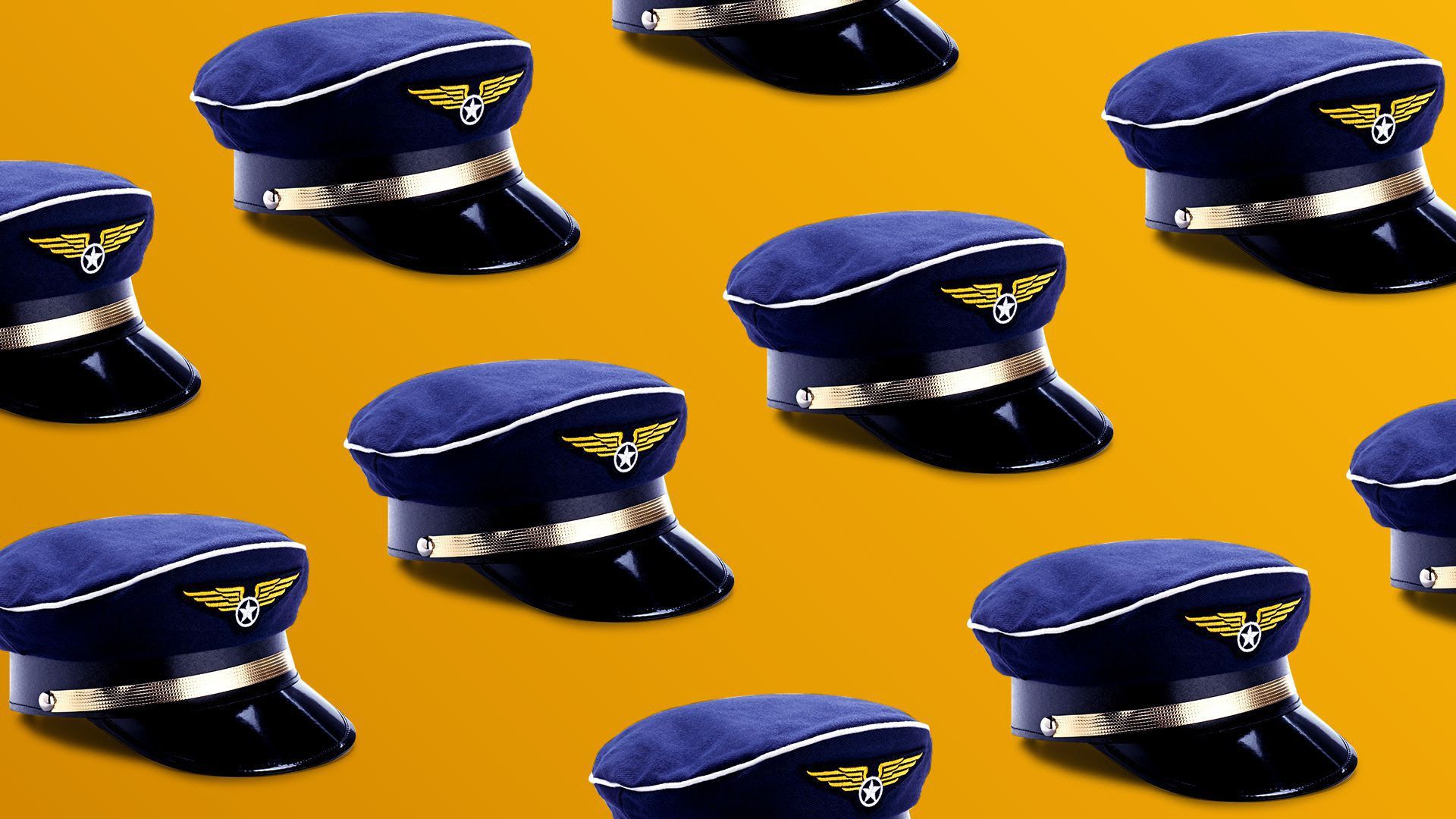 An array of pilot caps against a yellow background