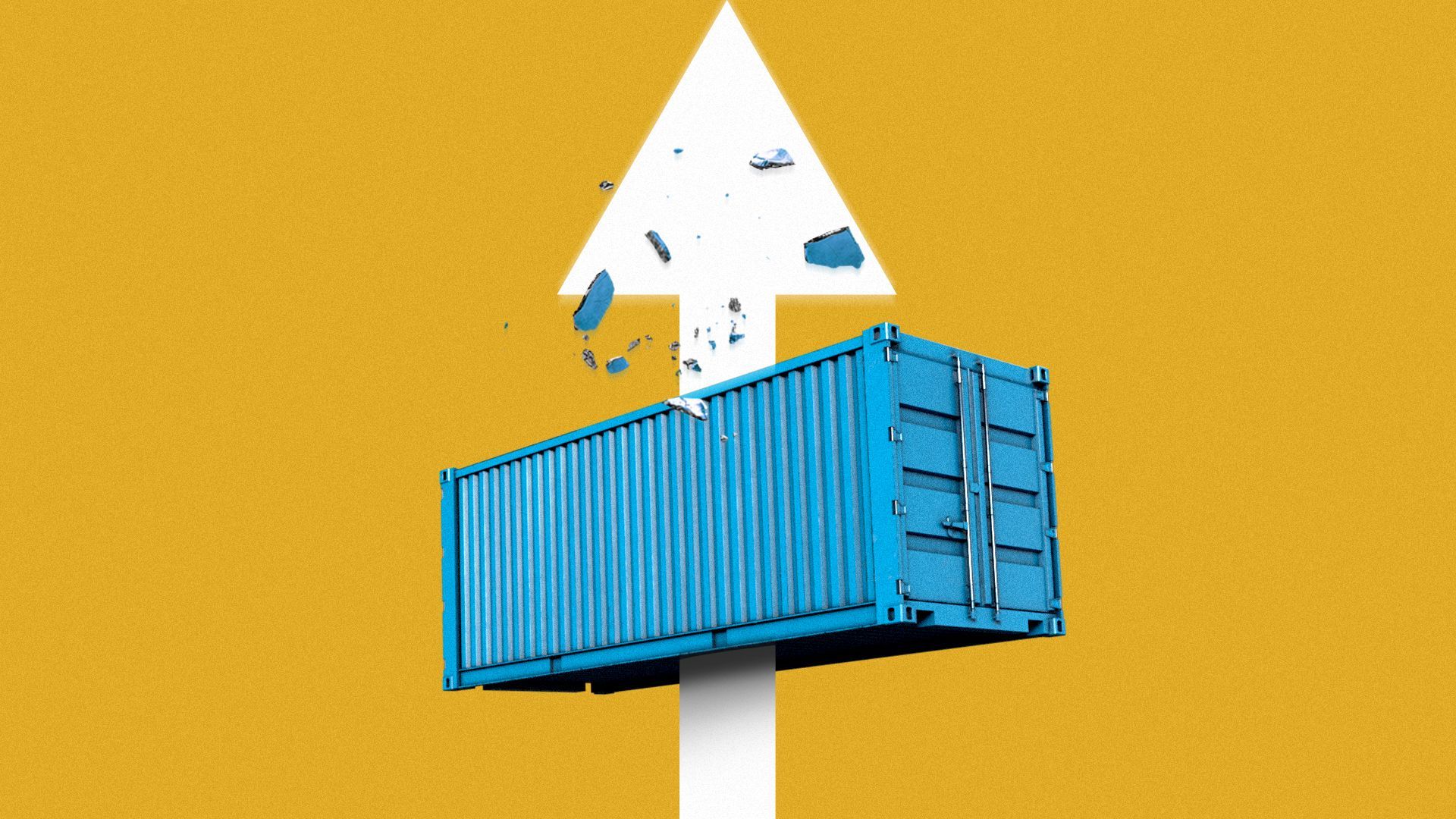 Illustration of a shipping container skewered on a rising arrow.