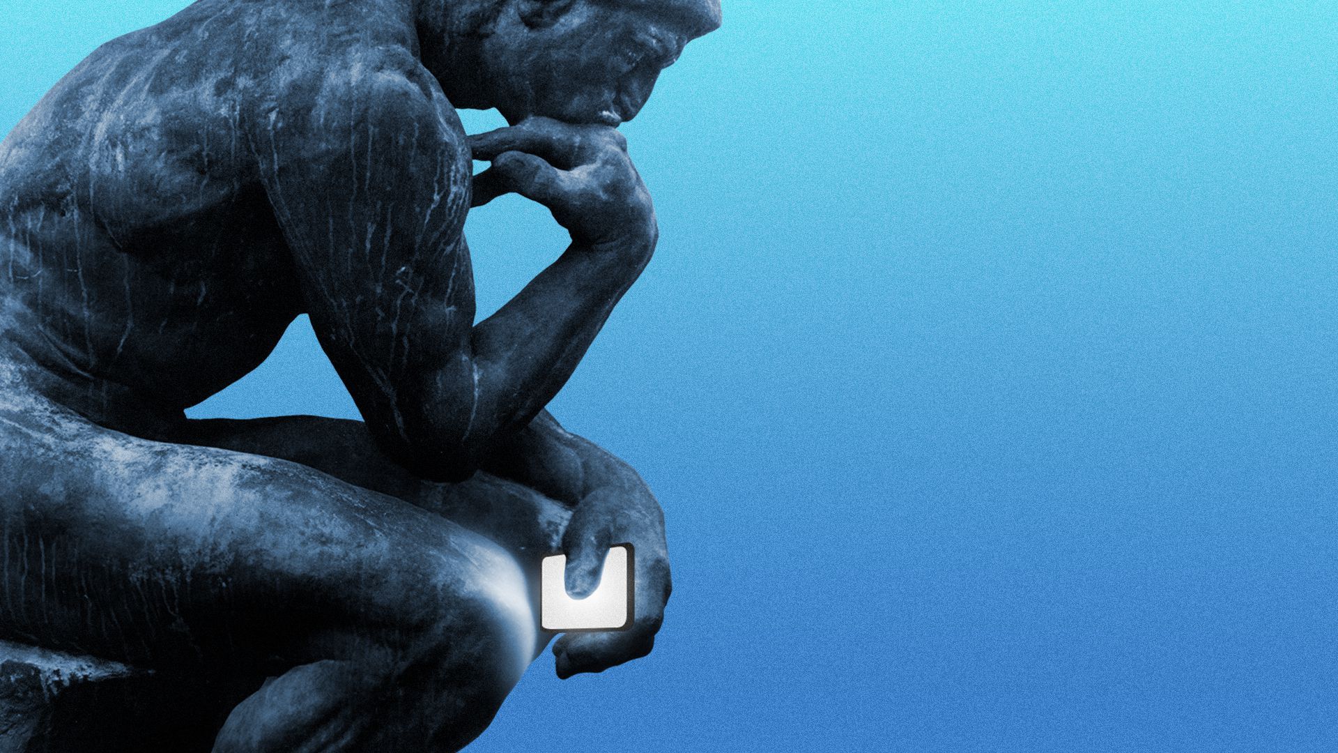 Illustration of Rodin's "The Thinker" sculpture holding a cell phone.