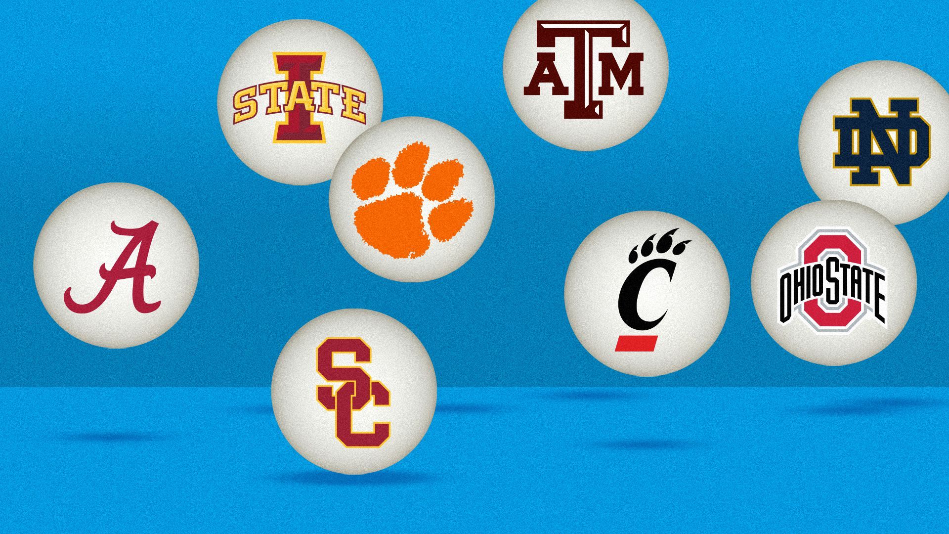 Illustration of bouncing balls with the logos of Alabama, Ohio State, Clemson, Notre Dame, Texas A&M, USC, Cincinnati, Iowa State