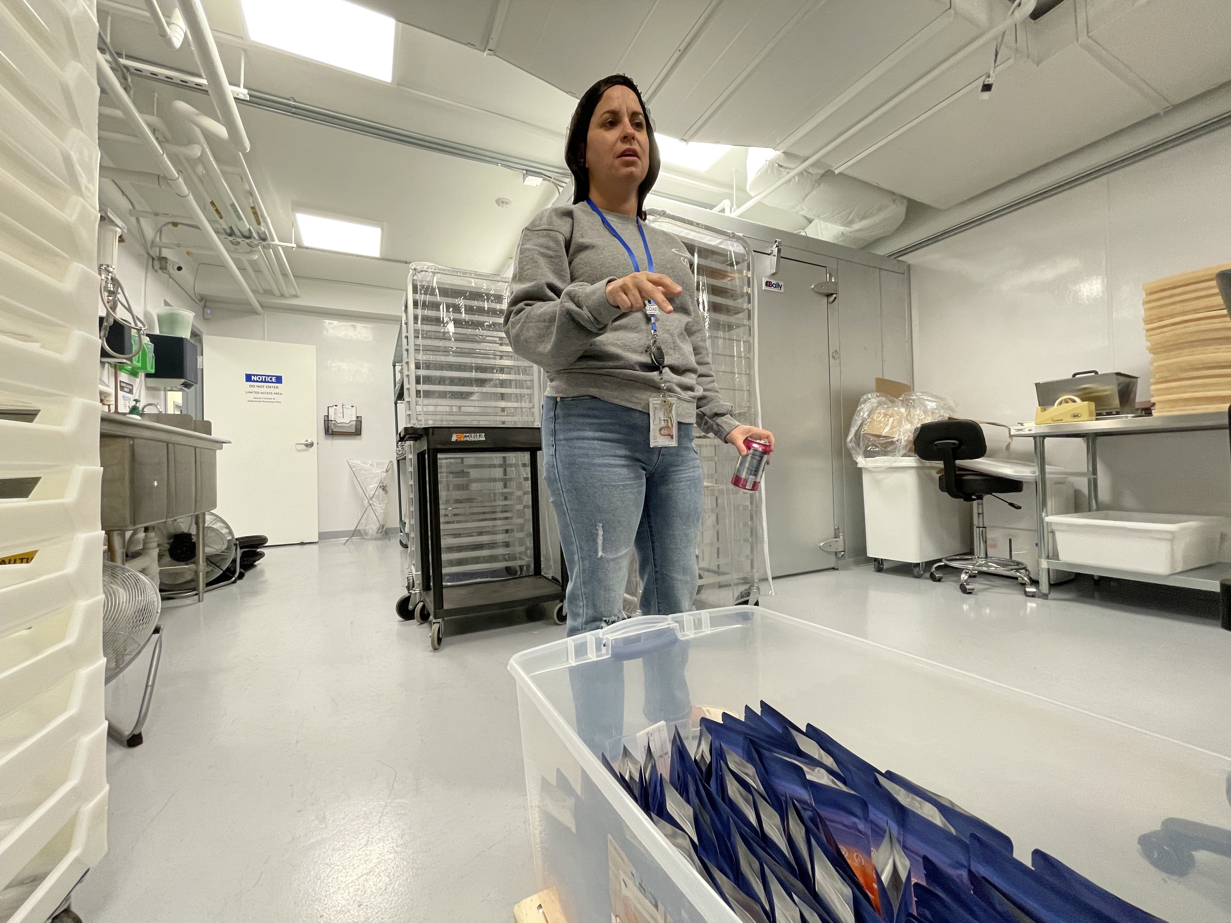 Coast Cannabis co-founder Angela Brown stands behind a tub of packaged gummy packs a white, sterile room in her facility. 