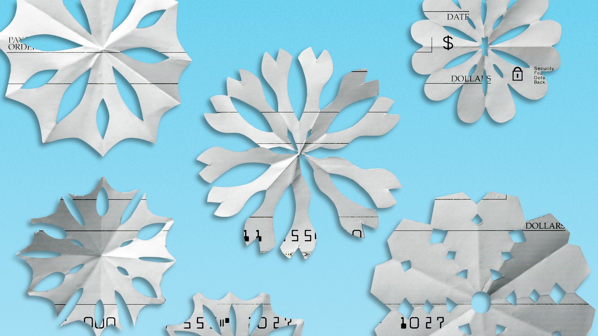 Illustration of cut out snowflakes made from blank checks.